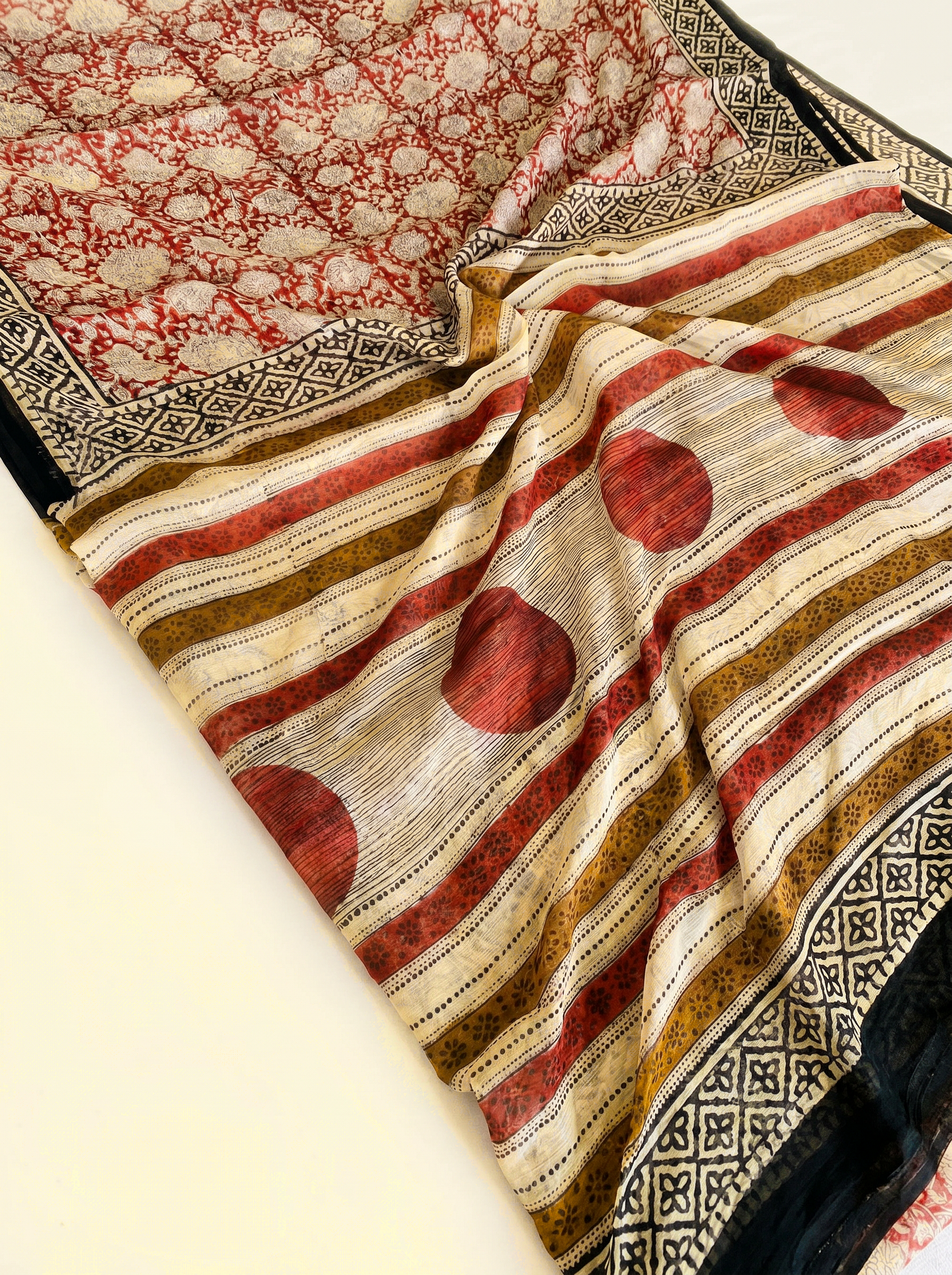 Pure Double Diamond Chiffon Saree | Burnt Orange + Off White + Beige + Wine Bagru Handblock Ajrakh Print | Natural Dye | Nazakat image 5