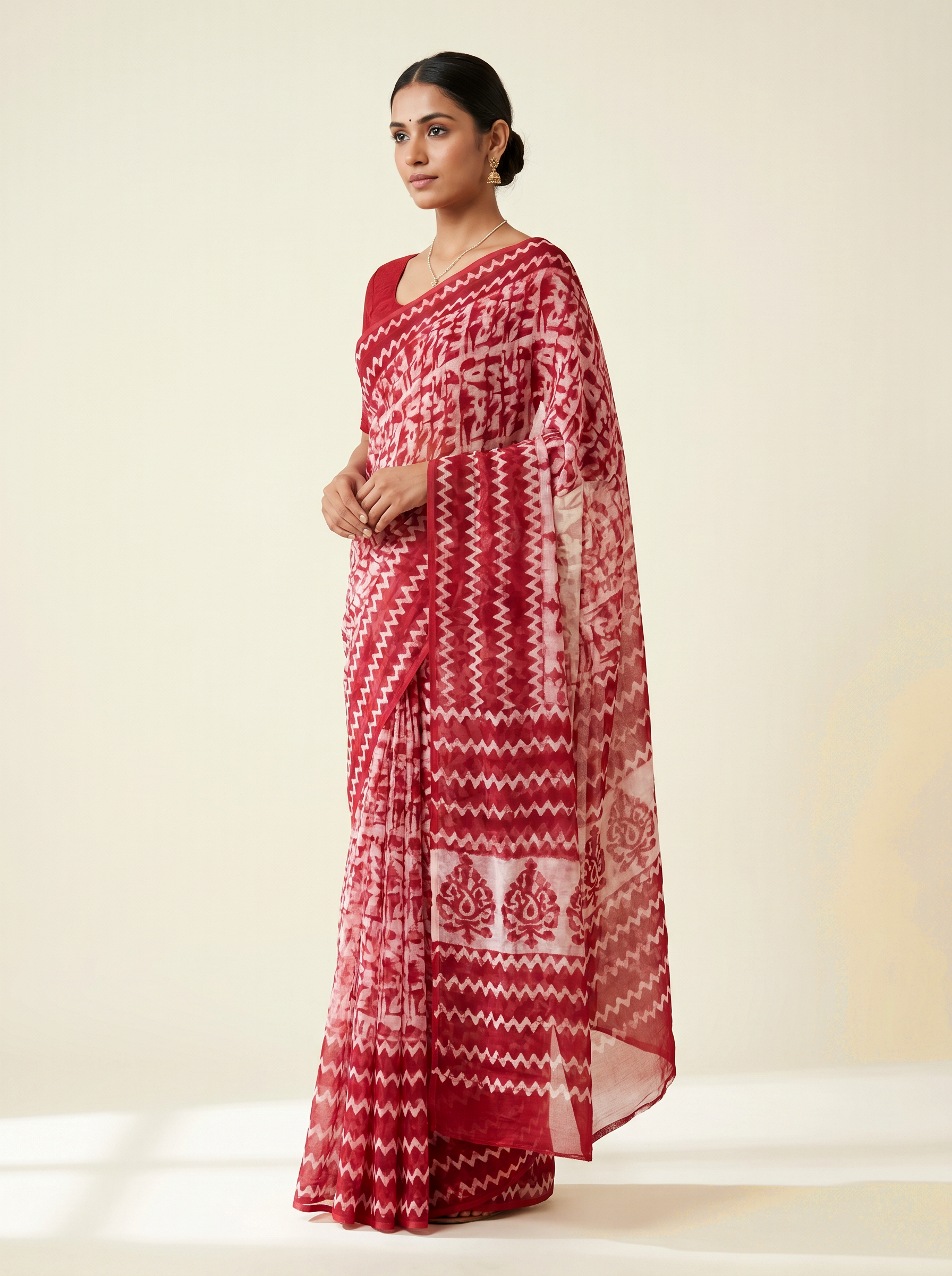 Crimson pure double diamond chiffon saree with Bagru Ajrakh print