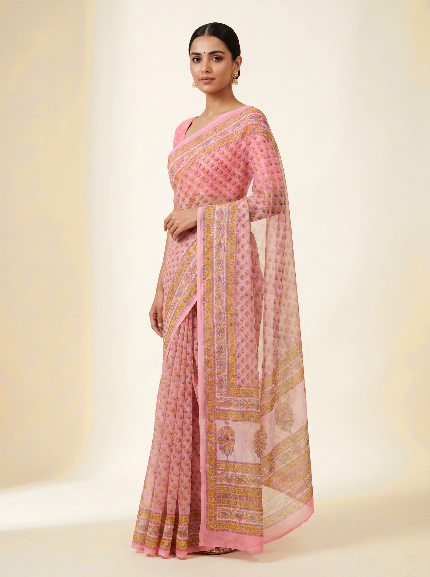 Deep Red + Dusty Pink + Beige pure double diamond chiffon saree with Bagru Ajrakh print