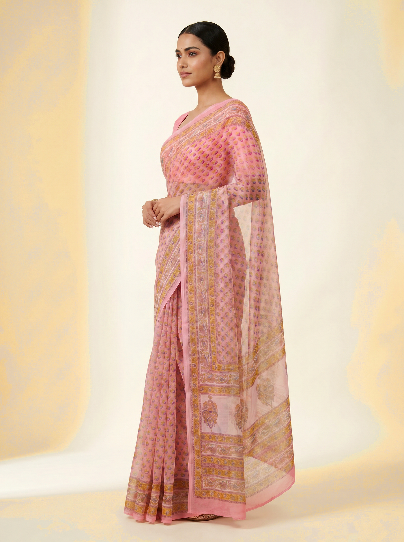 Pure Double Diamond Chiffon Saree | Deep Red + Dusty Pink + Beige Bagru Handblock Ajrakh Print | Natural Dye | Nazakat image 2