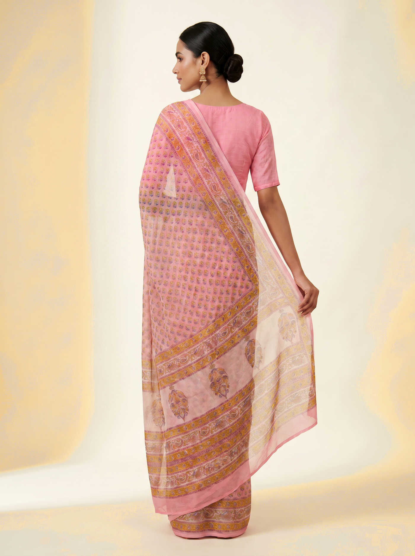 Pure Double Diamond Chiffon Saree | Deep Red + Dusty Pink + Beige Bagru Handblock Ajrakh Print | Natural Dye | Nazakat image 3