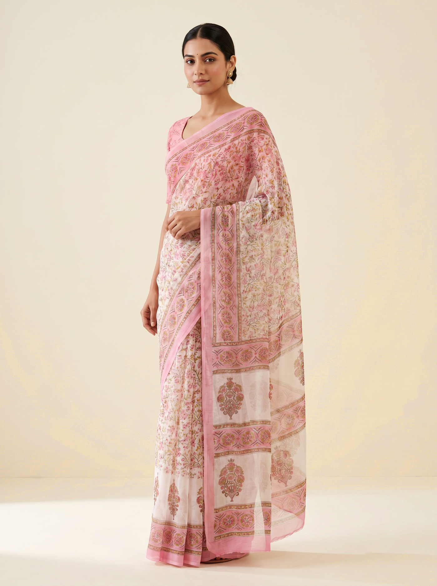 Deep Red + Off White + Silver Grey + Ochre + Grey pure double diamond chiffon saree with Bagru Ajrakh print