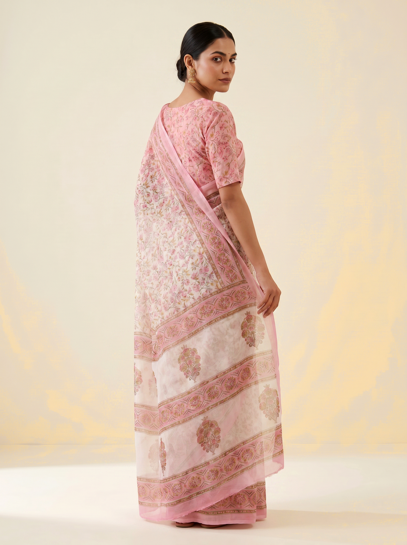 Pure Double Diamond Chiffon Saree | Deep Red + Off White + Silver Grey + Ochre + Grey Bagru Handblock Ajrakh Print | Natural Dye | Nazakat image 4