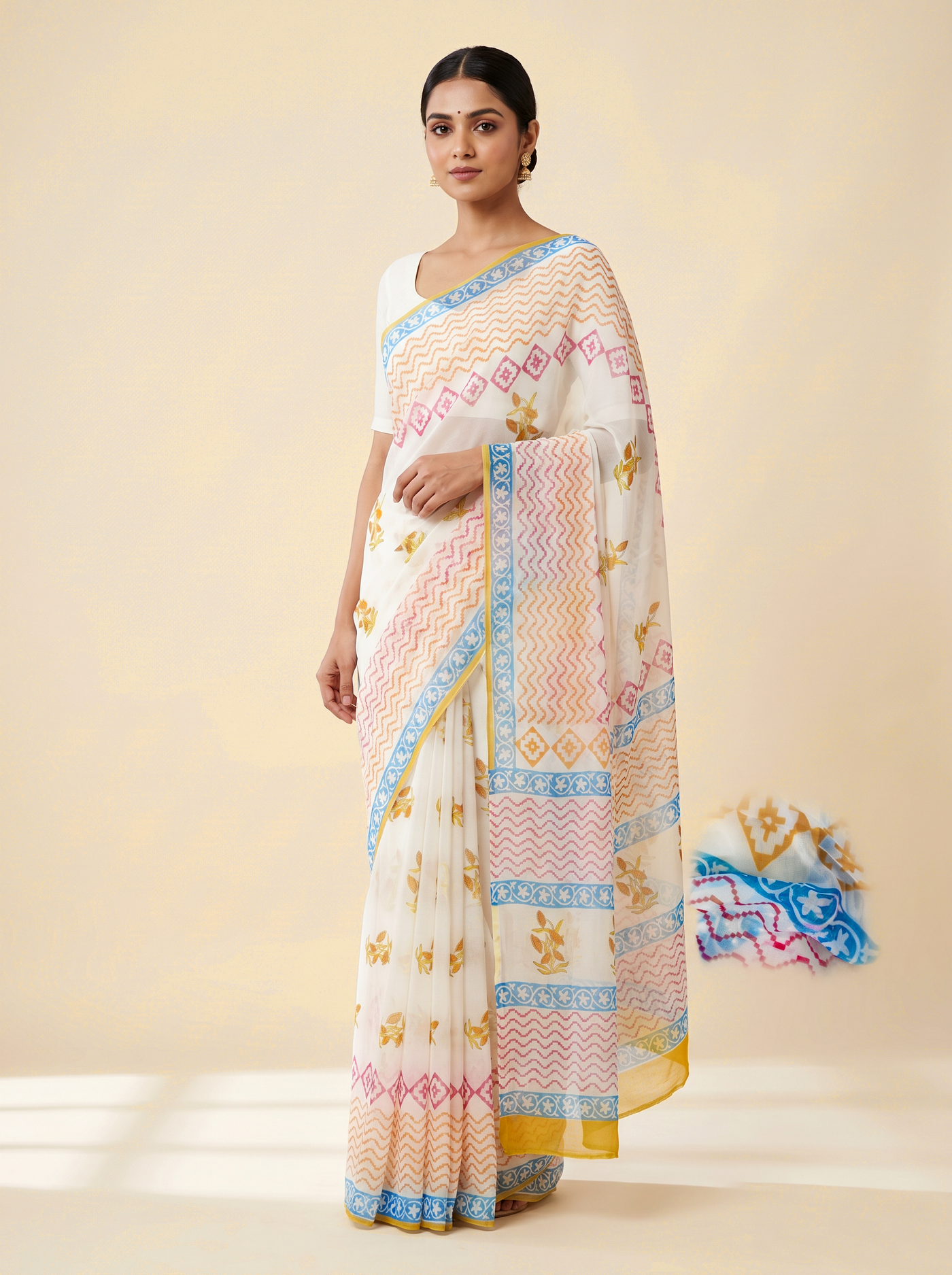 Deep Red + Off White + Royal Blue pure double diamond chiffon saree with Bagru Ajrakh print
