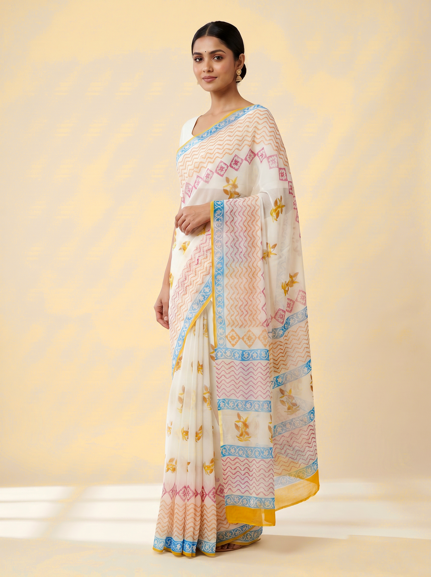 Pure Double Diamond Chiffon Saree | Deep Red + Off White + Royal Blue Bagru Handblock Ajrakh Print | Natural Dye | Nazakat image 2