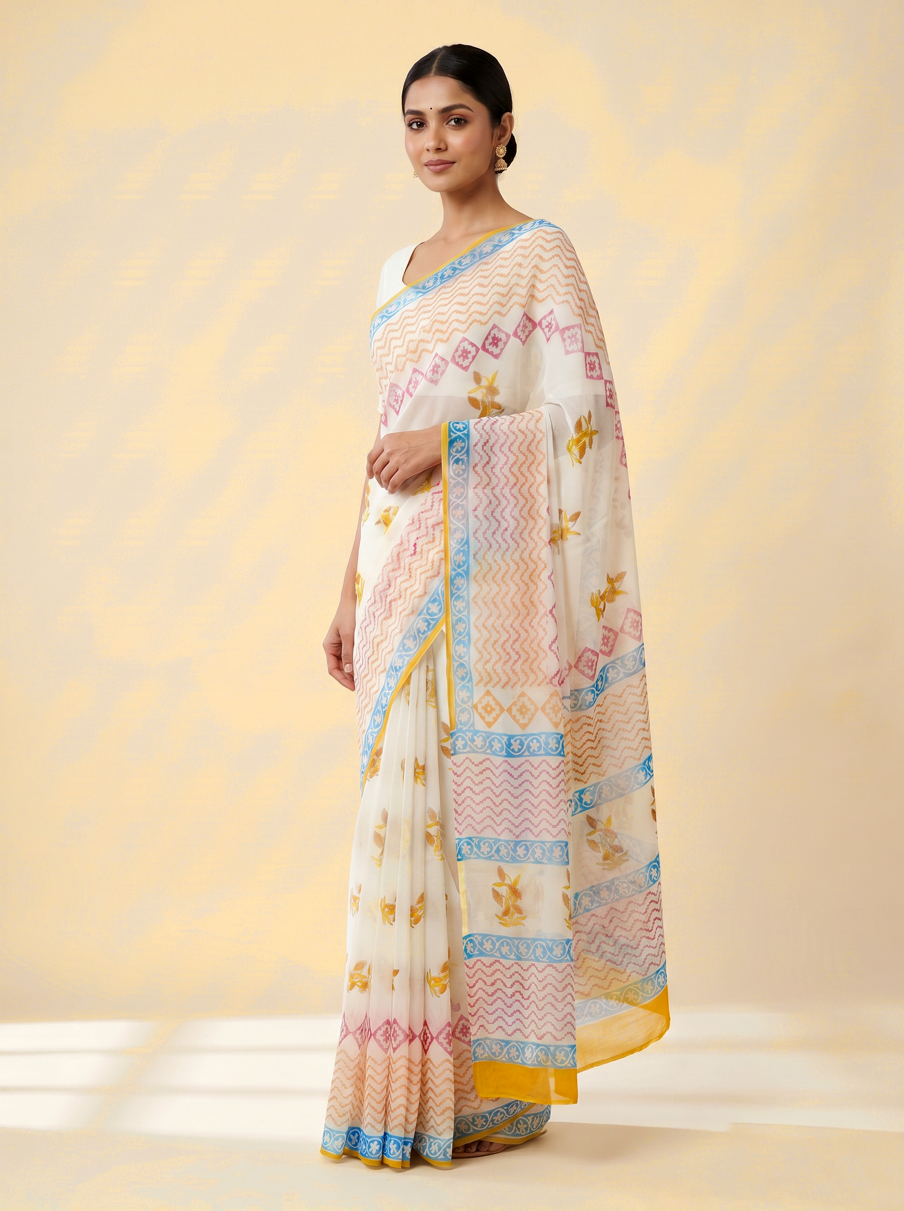 Pure Double Diamond Chiffon Saree | Deep Red + Off White + Royal Blue Bagru Handblock Ajrakh Print | Natural Dye | Nazakat image 2