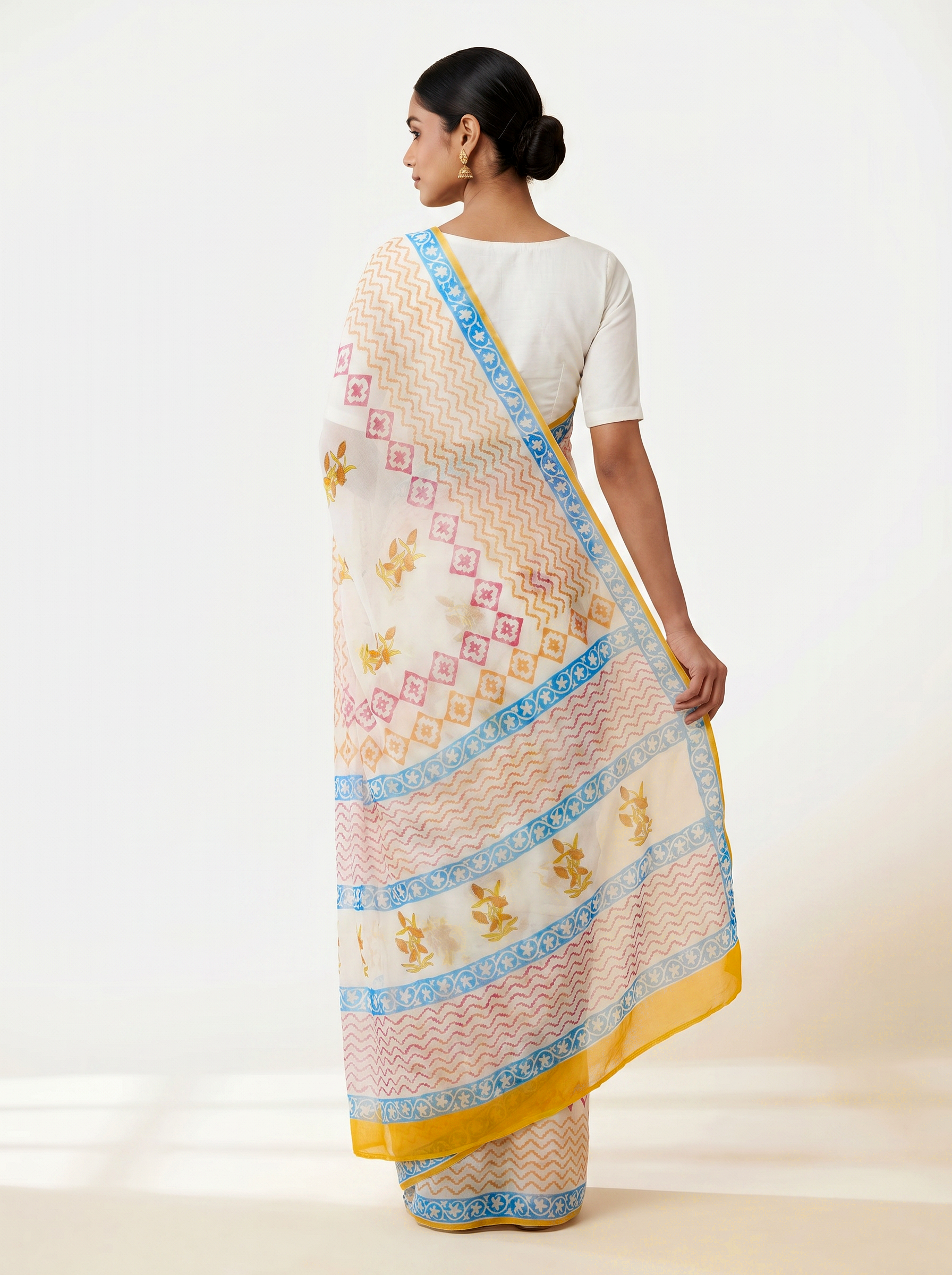 Pure Double Diamond Chiffon Saree | Deep Red + Off White + Royal Blue Bagru Handblock Ajrakh Print | Natural Dye | Nazakat image 3