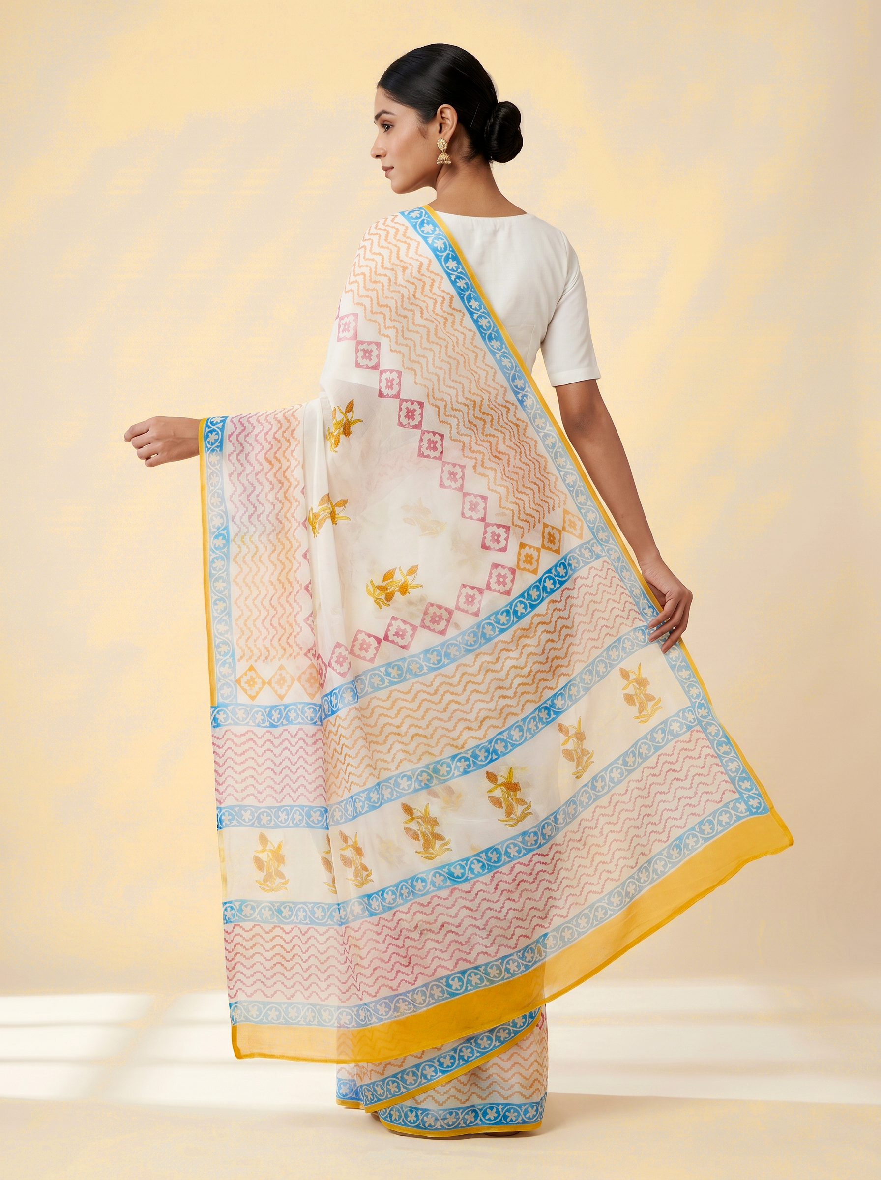 Pure Double Diamond Chiffon Saree | Deep Red + Off White + Royal Blue Bagru Handblock Ajrakh Print | Natural Dye | Nazakat image 4