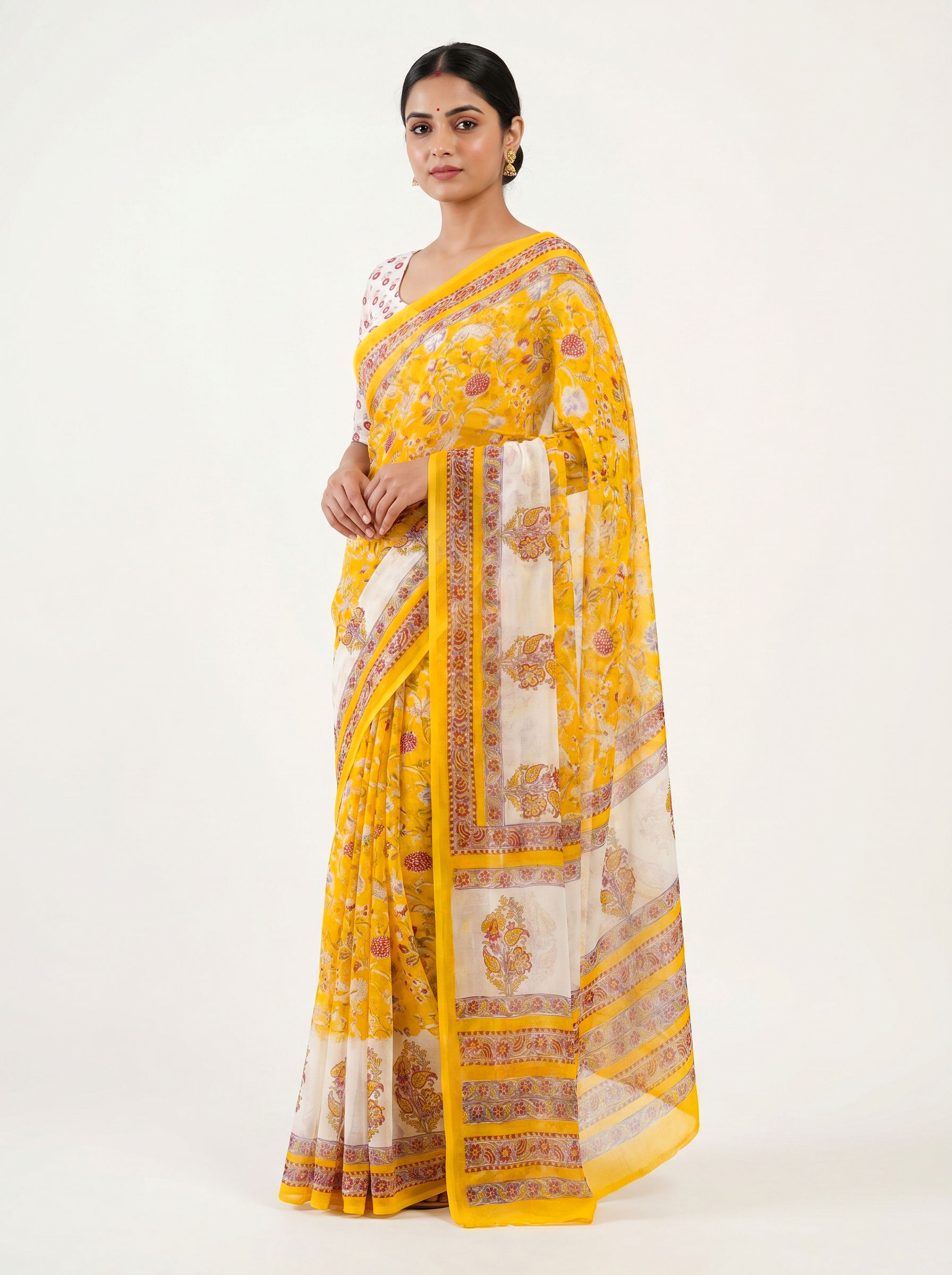 Golden pure double diamond chiffon saree with Bagru Ajrakh print