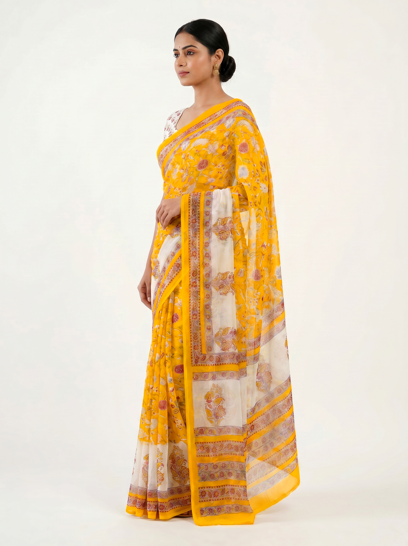 Pure Double Diamond Chiffon Saree | Golden Bagru Handblock Ajrakh Golden Zari | Natural Dye | Nazakat image 2
