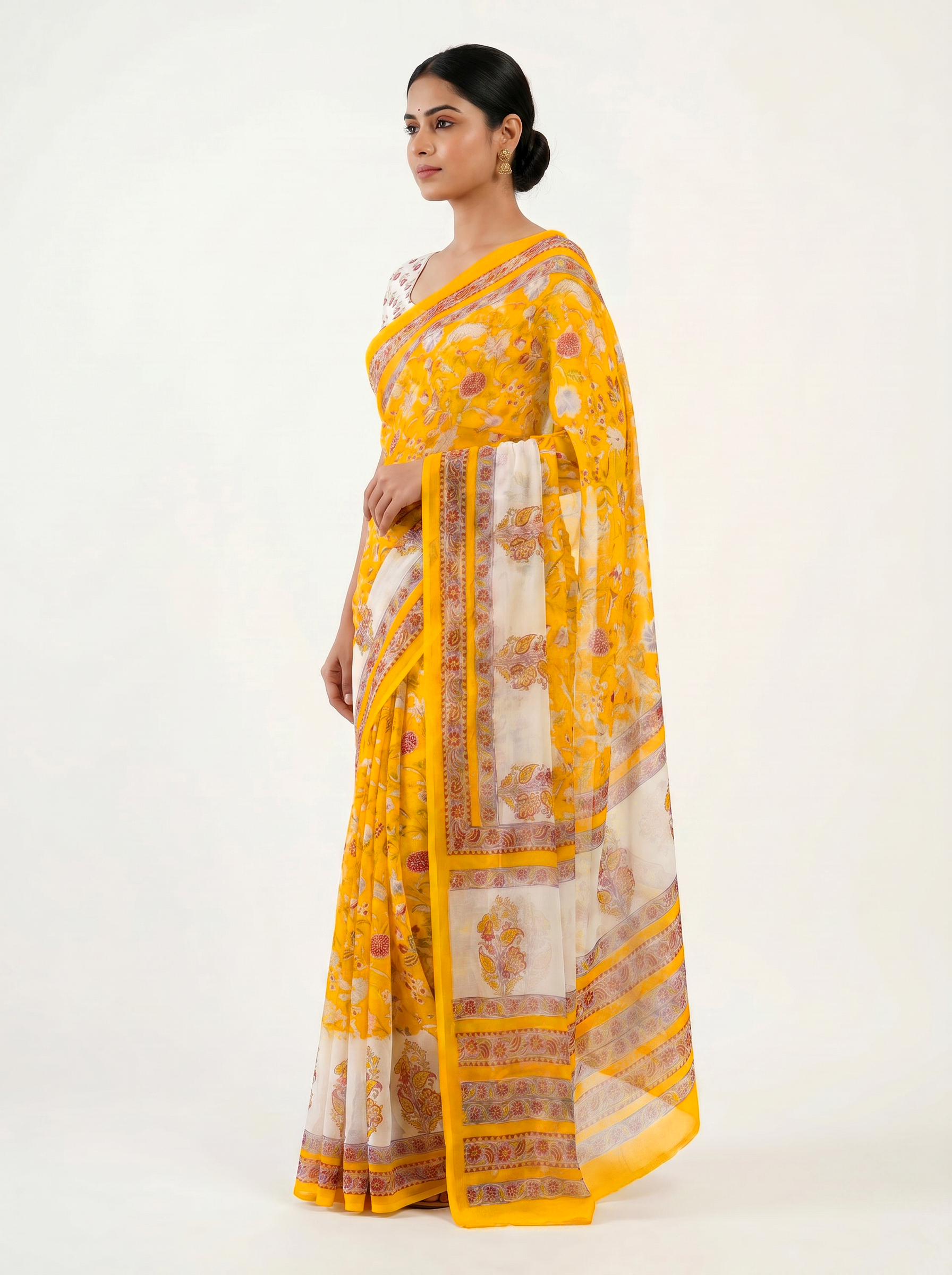 Pure Double Diamond Chiffon Saree | Golden Bagru Handblock Ajrakh Golden Zari | Natural Dye | Nazakat image 2
