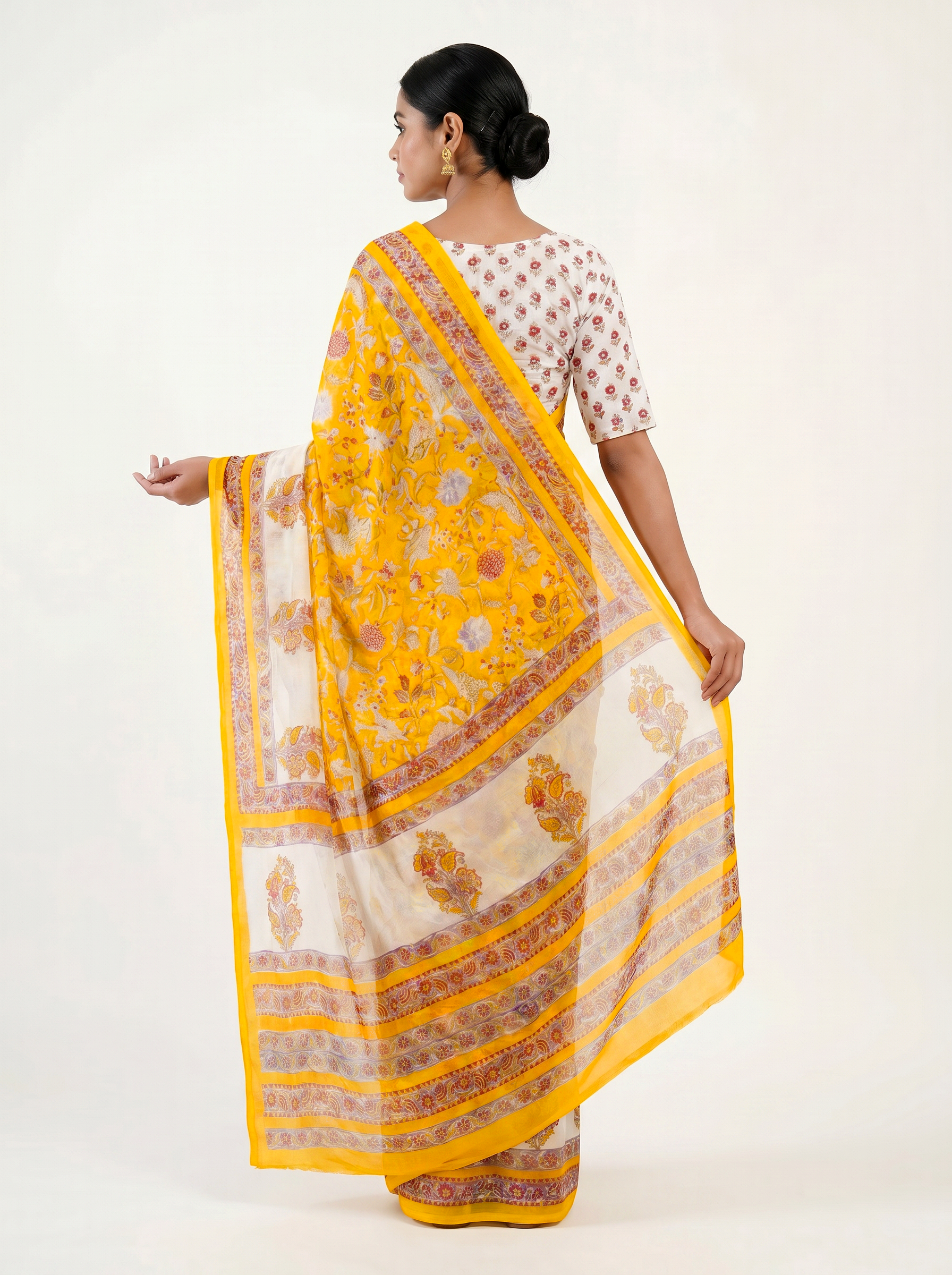 Pure Double Diamond Chiffon Saree | Golden Bagru Handblock Ajrakh Golden Zari | Natural Dye | Nazakat image 3