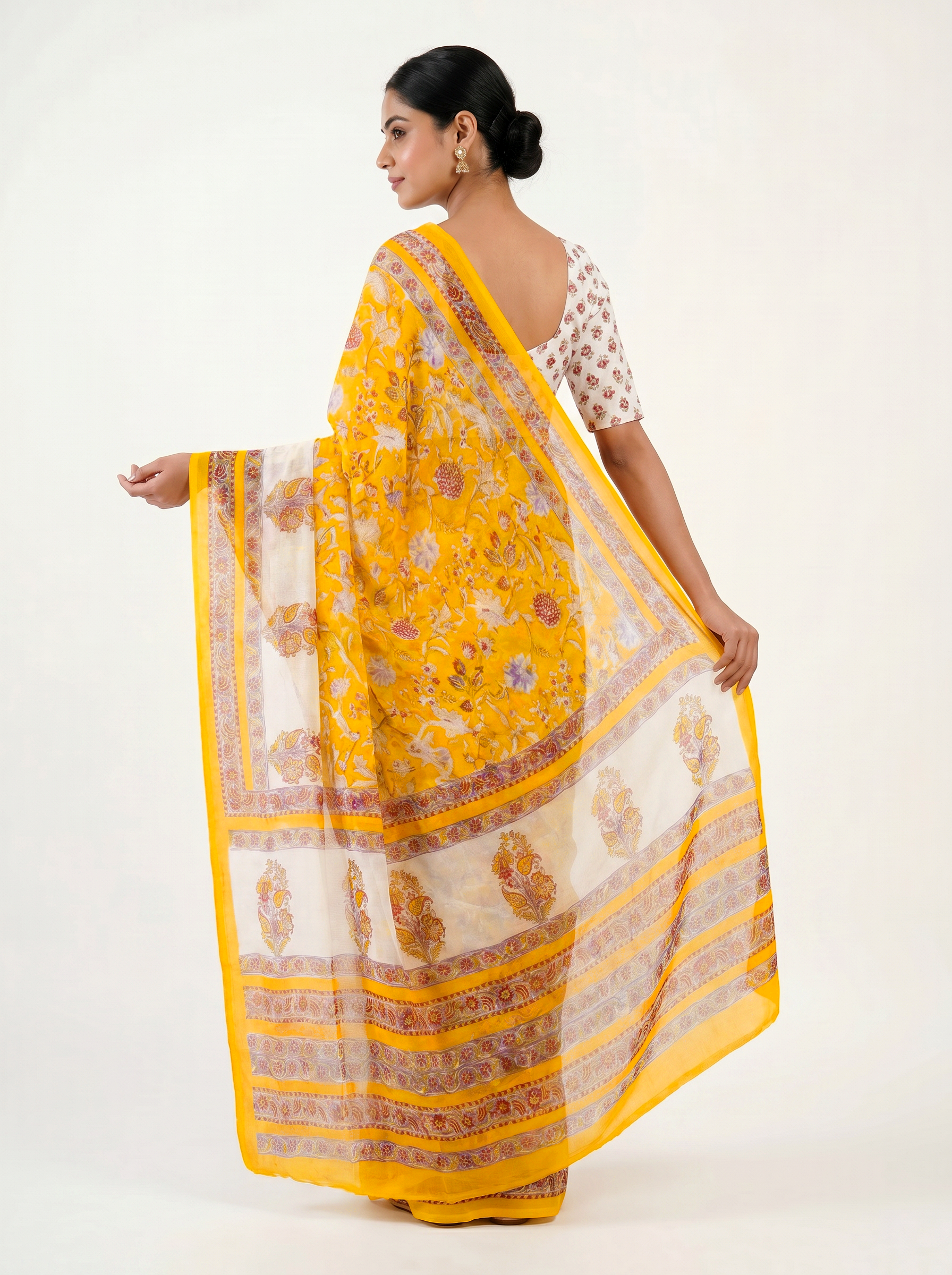 Pure Double Diamond Chiffon Saree | Golden Bagru Handblock Ajrakh Golden Zari | Natural Dye | Nazakat image 4
