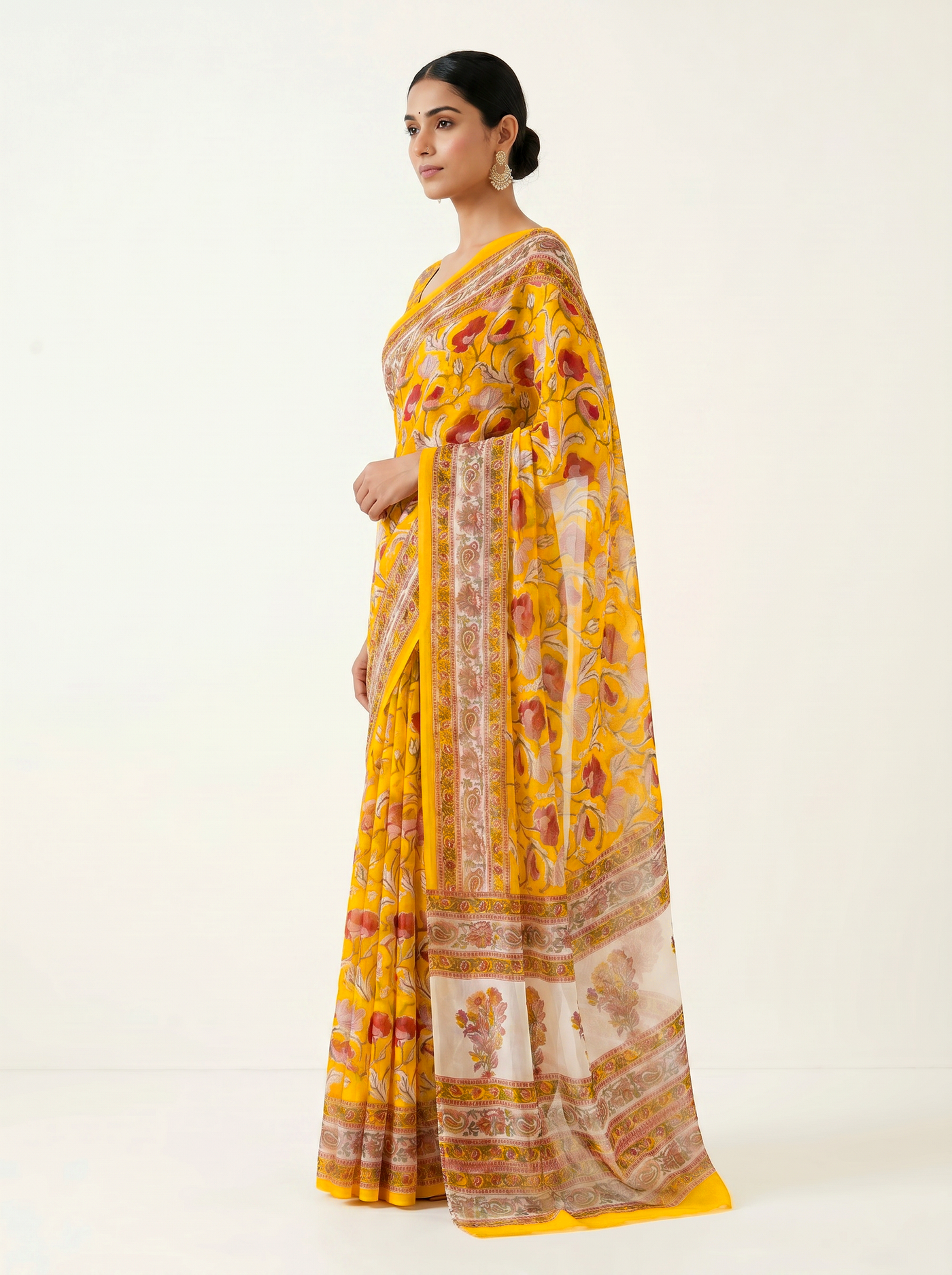 Pure Double Diamond Chiffon Saree | Dusty Pink + Golden + Beige Bagru Handblock Ajrakh Golden Zari | Natural Dye | Nazakat image 2