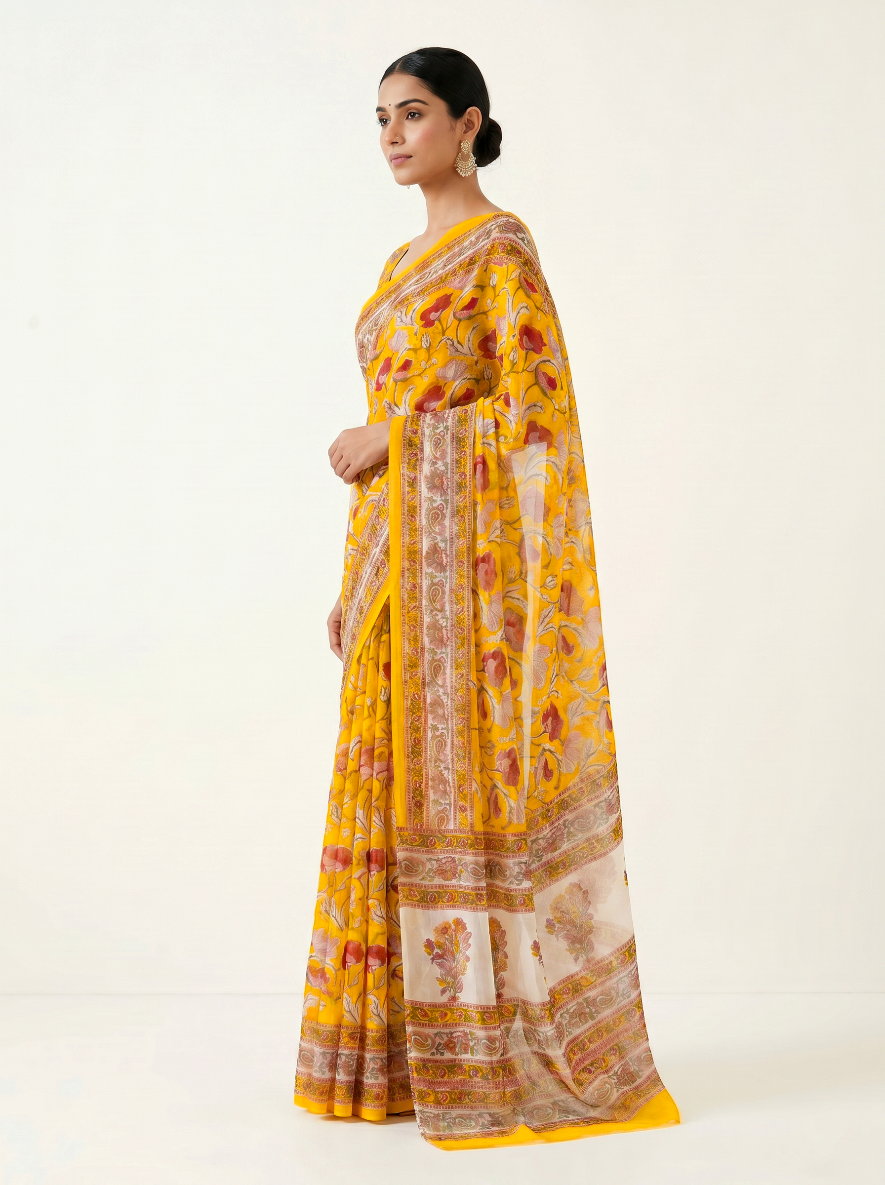 Pure Double Diamond Chiffon Saree | Dusty Pink + Golden + Beige Bagru Handblock Ajrakh Golden Zari | Natural Dye | Nazakat image 2