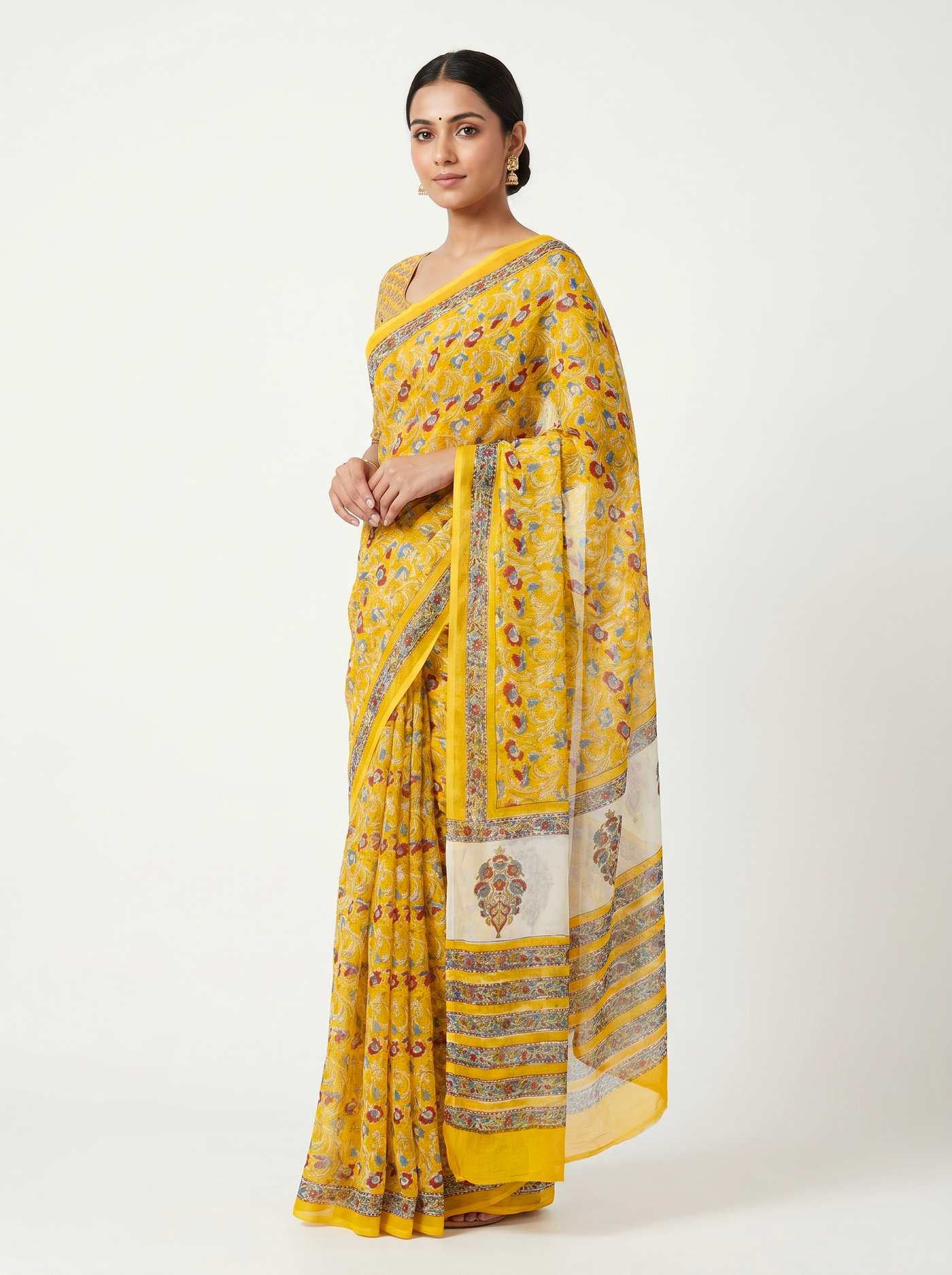 Teal Blue + Golden pure double diamond chiffon saree with Bagru Ajrakh print
