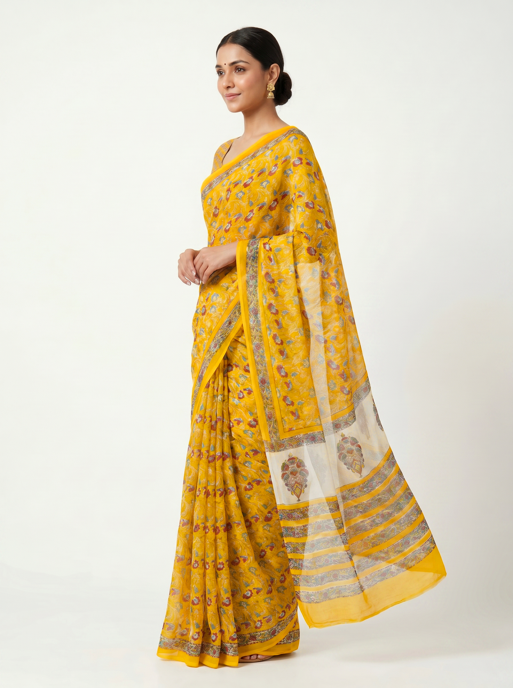 Pure Double Diamond Chiffon Saree | Teal Blue + Golden Bagru Handblock Ajrakh Golden Zari | Natural Dye | Nazakat image 2