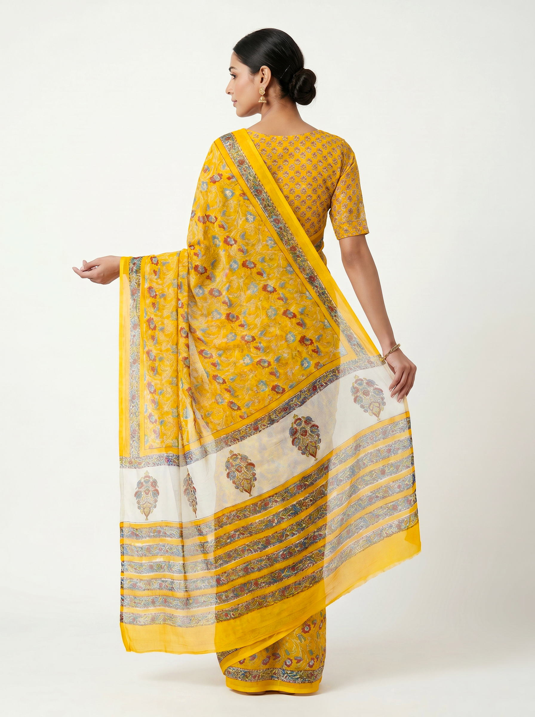 Pure Double Diamond Chiffon Saree | Teal Blue + Golden Bagru Handblock Ajrakh Golden Zari | Natural Dye | Nazakat image 3