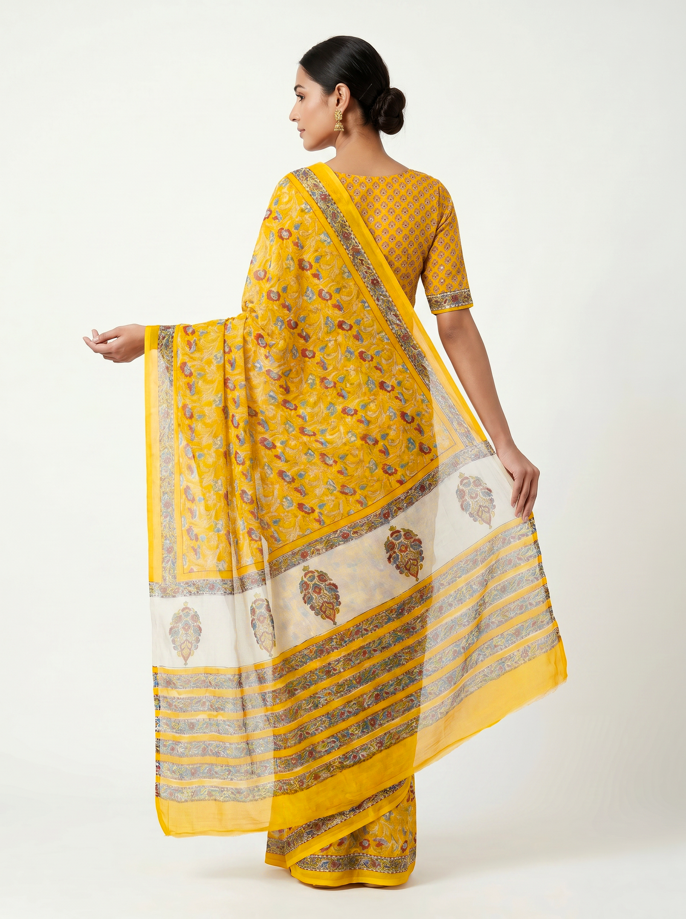 Pure Double Diamond Chiffon Saree | Teal Blue + Golden Bagru Handblock Ajrakh Golden Zari | Natural Dye | Nazakat image 4
