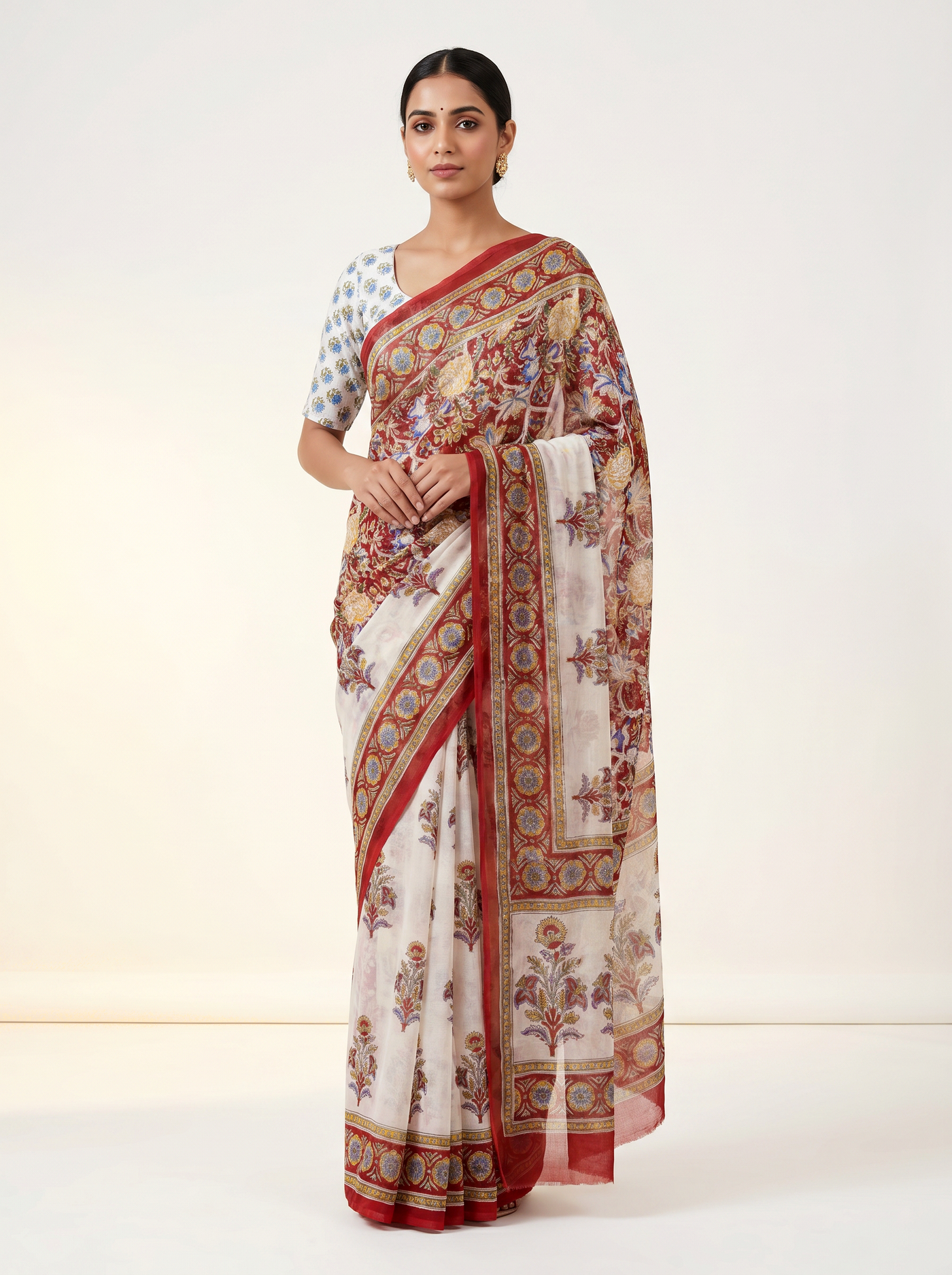 Off White + Maroon pure double diamond chiffon saree with Bagru Ajrakh print