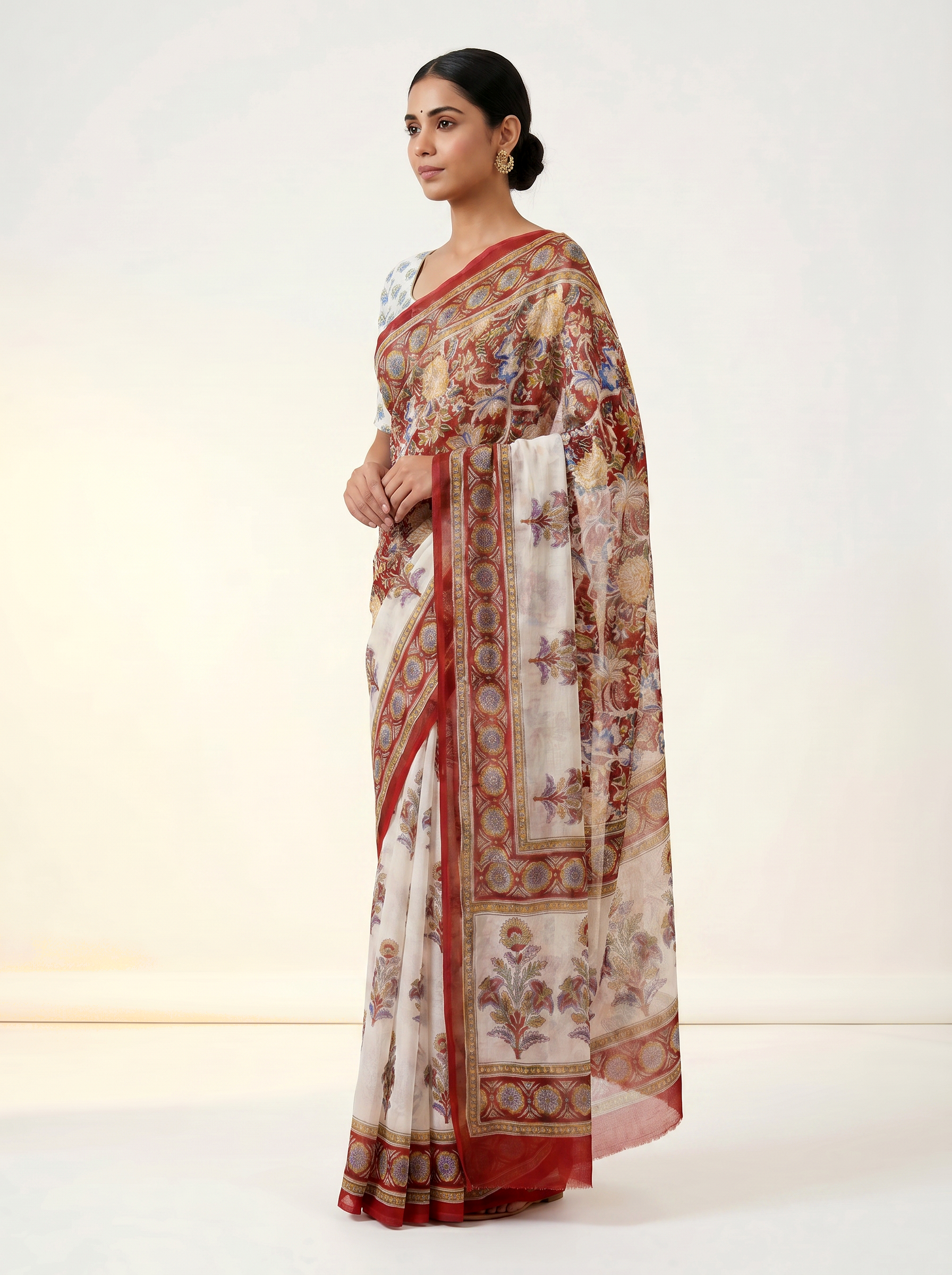 Pure Double Diamond Chiffon Saree | Off White + Maroon Bagru Handblock Ajrakh Print | Natural Dye | Nazakat image 2