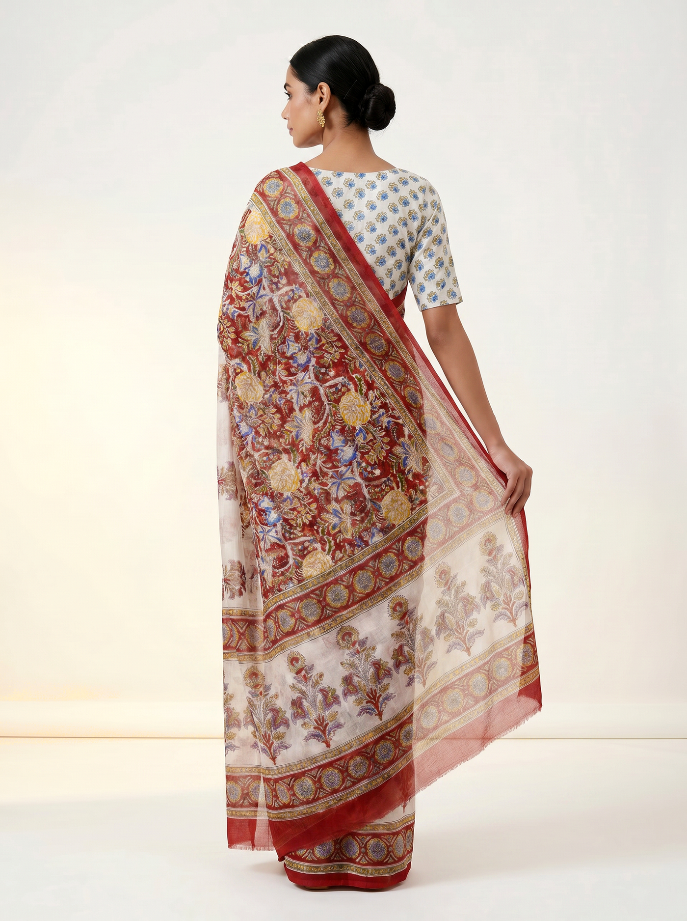 Pure Double Diamond Chiffon Saree | Off White + Maroon Bagru Handblock Ajrakh Print | Natural Dye | Nazakat image 3