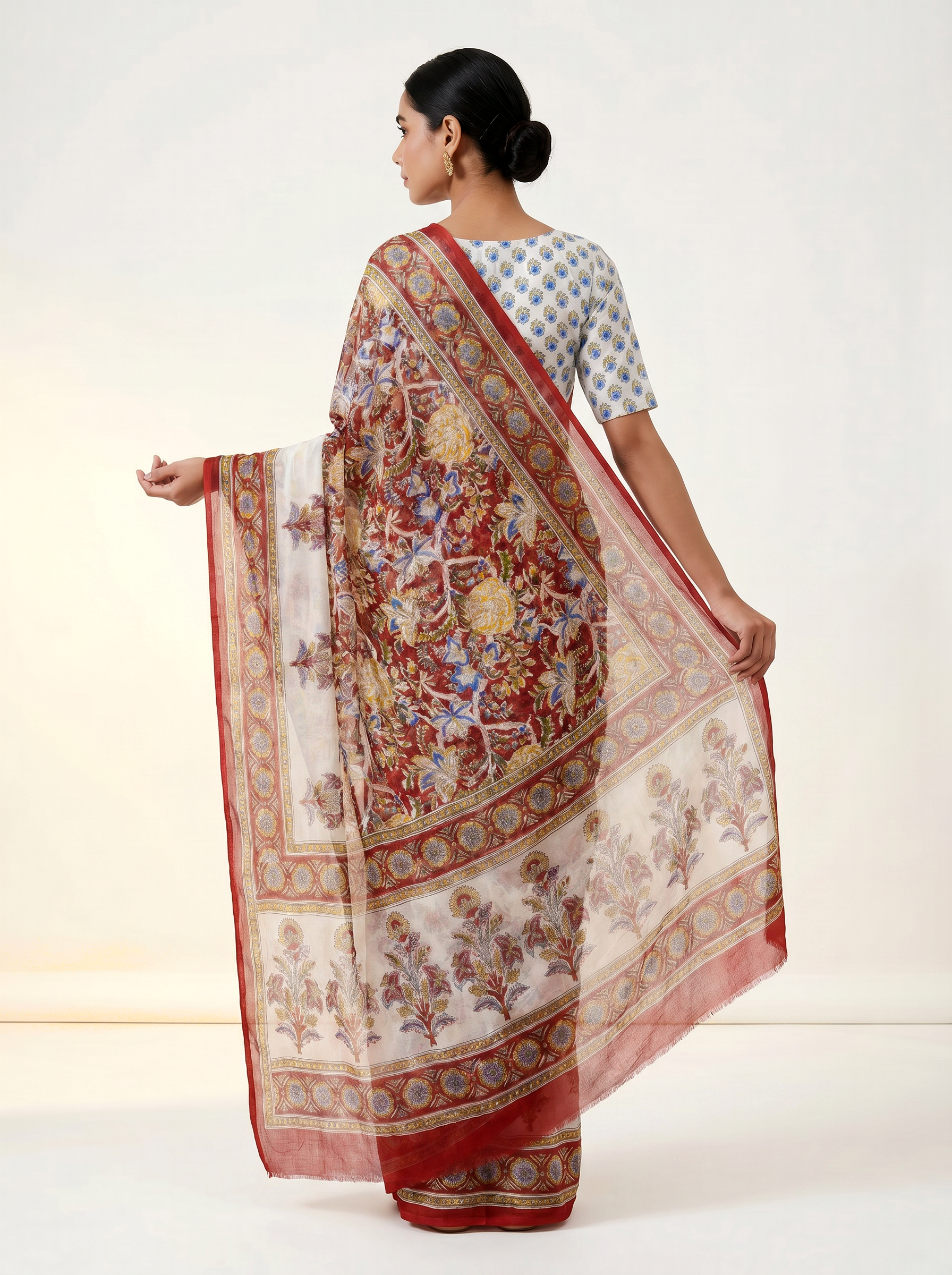 Pure Double Diamond Chiffon Saree | Off White + Maroon Bagru Handblock Ajrakh Print | Natural Dye | Nazakat image 4
