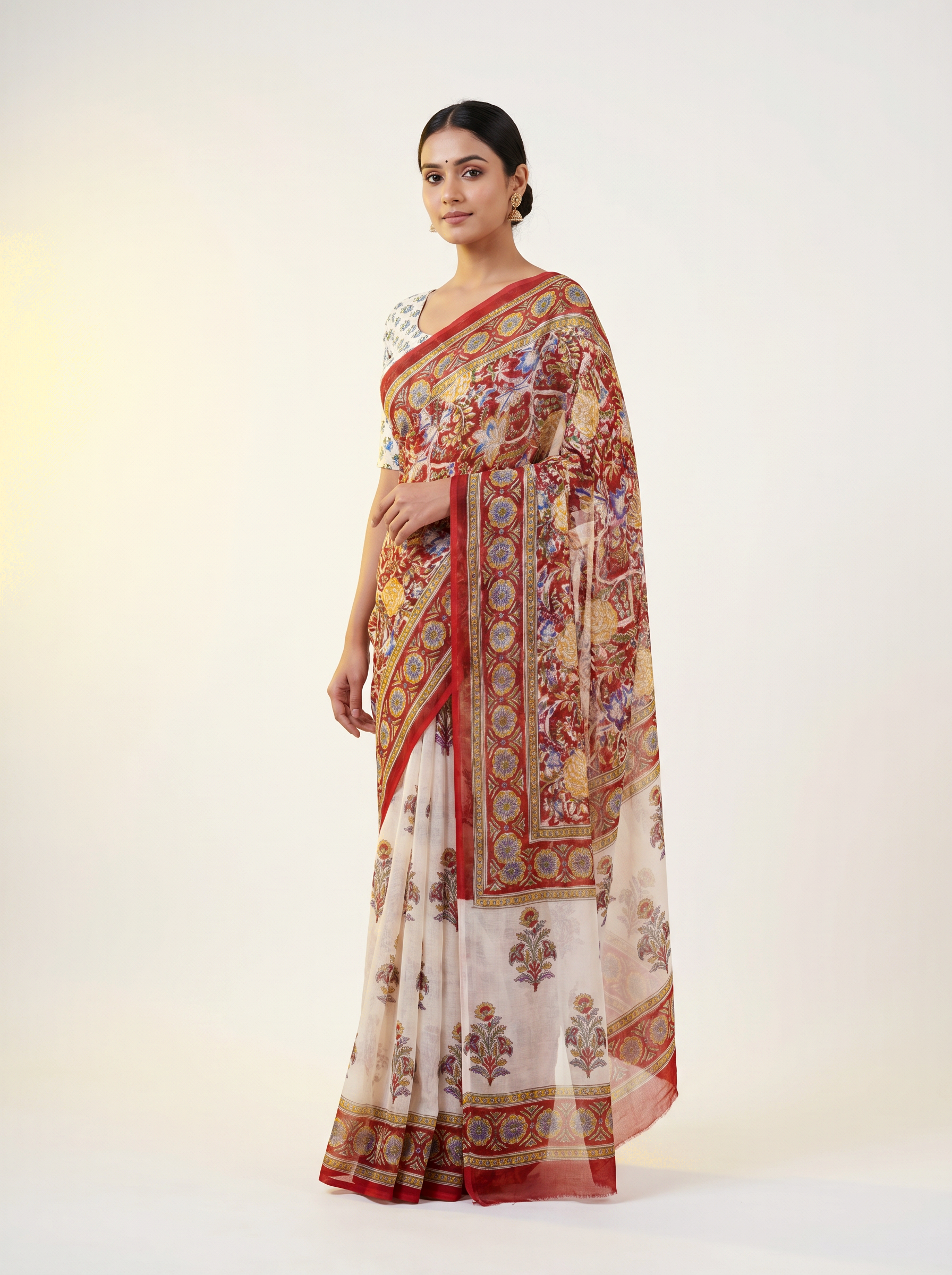 Pure Double Diamond Chiffon Saree | Off White + Maroon Bagru Handblock Ajrakh Print | Natural Dye | Nazakat image 5
