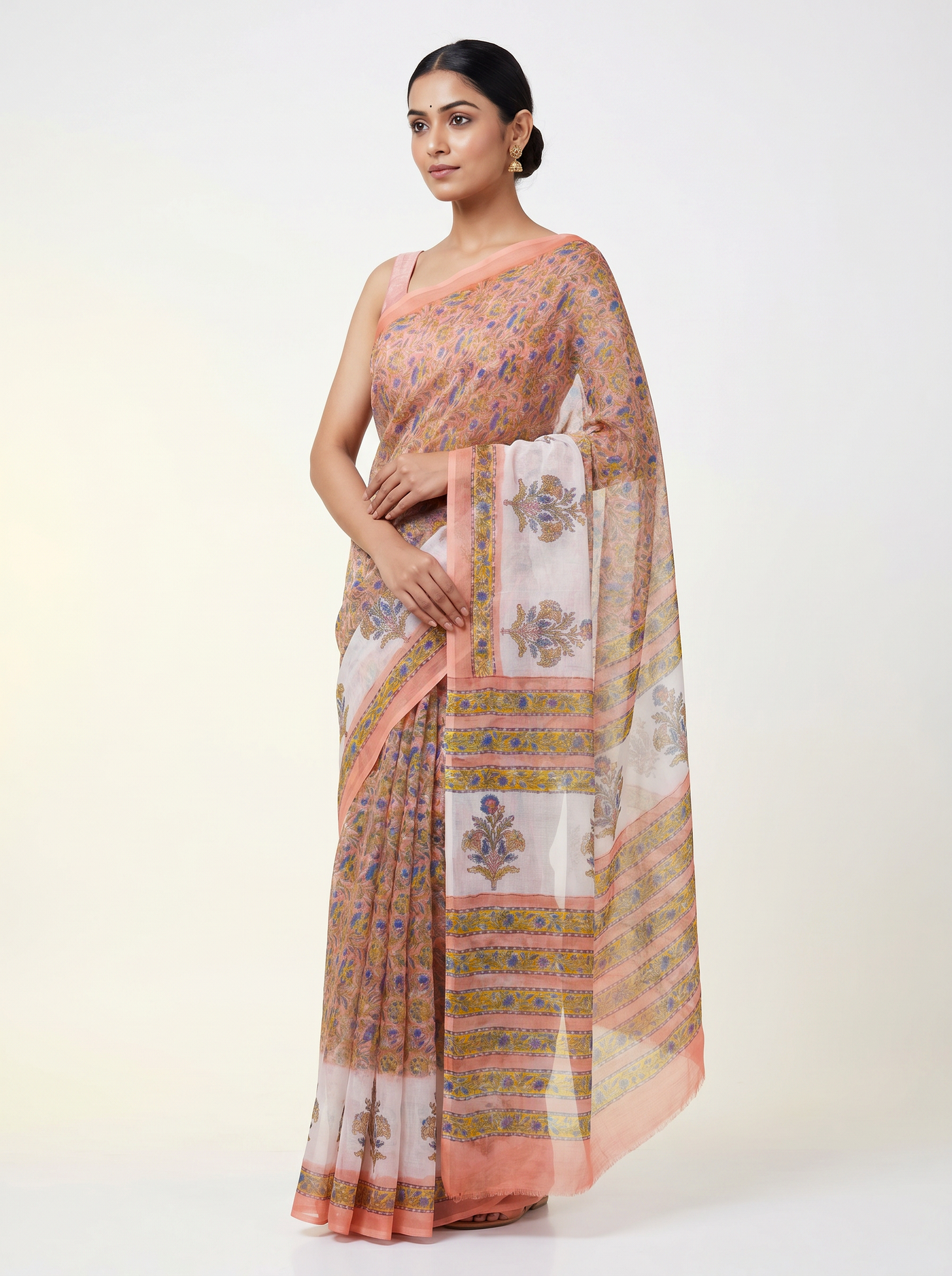 Golden + Ochre pure double diamond chiffon saree with Bagru Ajrakh print