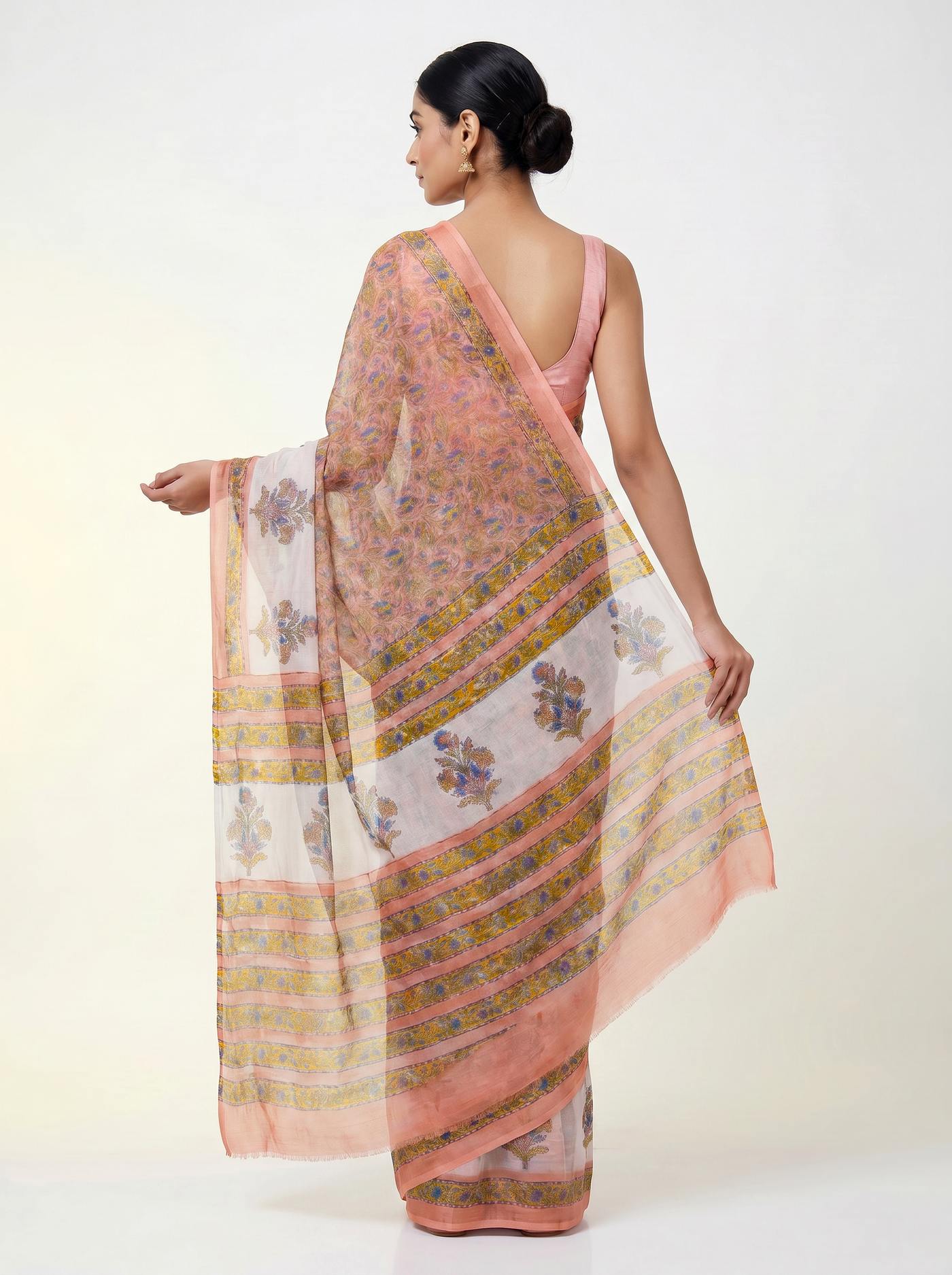 Pure Double Diamond Chiffon Saree | Golden + Ochre Bagru Handblock Ajrakh Golden Zari | Natural Dye | Nazakat | Design 2 image 3