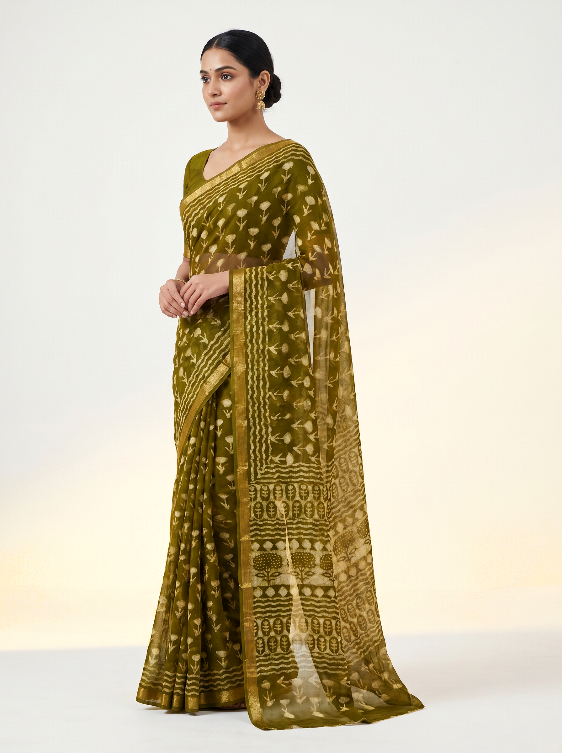 Golden + Ochre pure double diamond chiffon saree with Bagru Ajrakh print