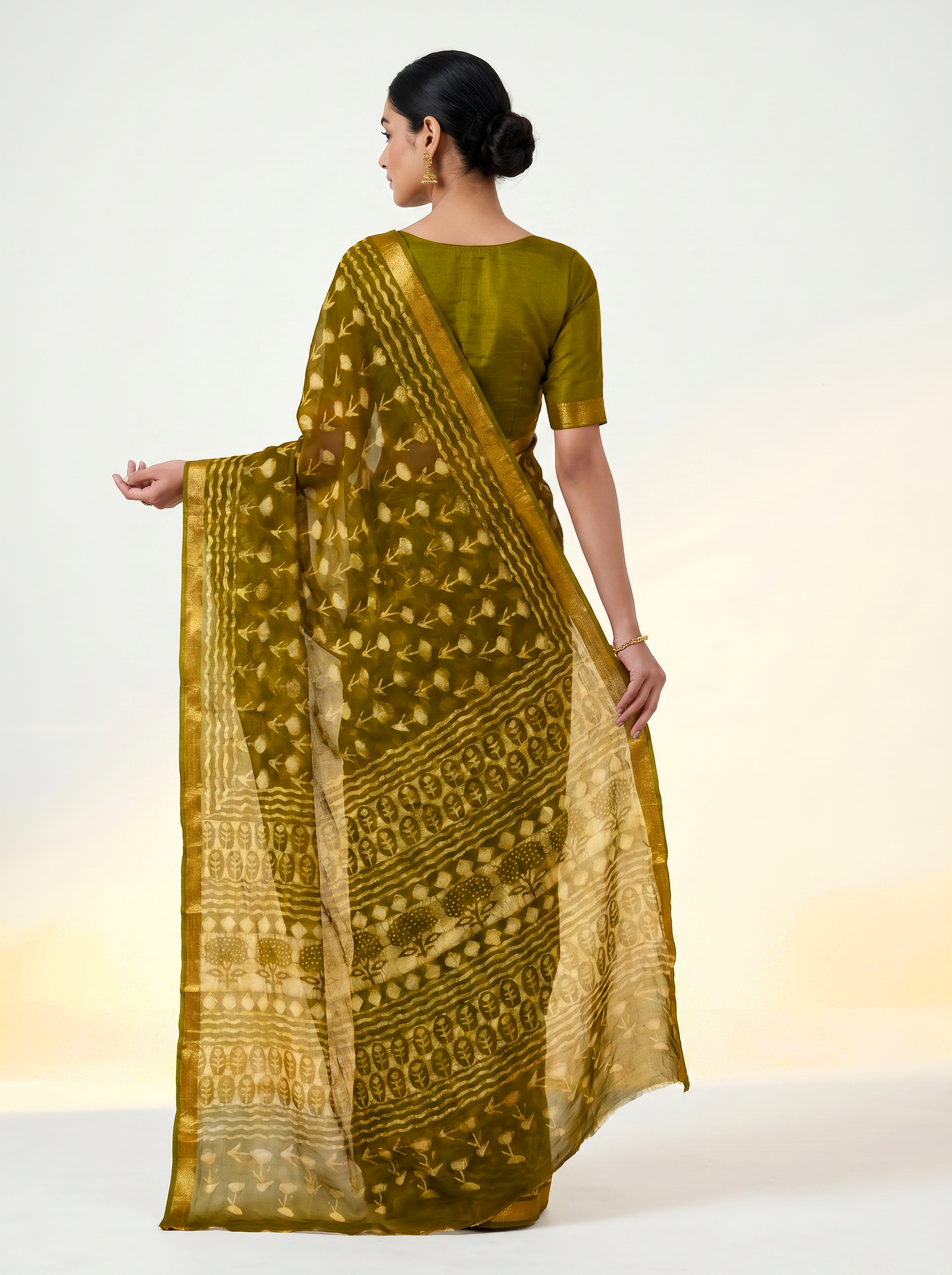 Pure Double Diamond Chiffon Saree | Golden + Ochre Bagru Handblock Ajrakh Golden Zari | Natural Dye | Nazakat image 3