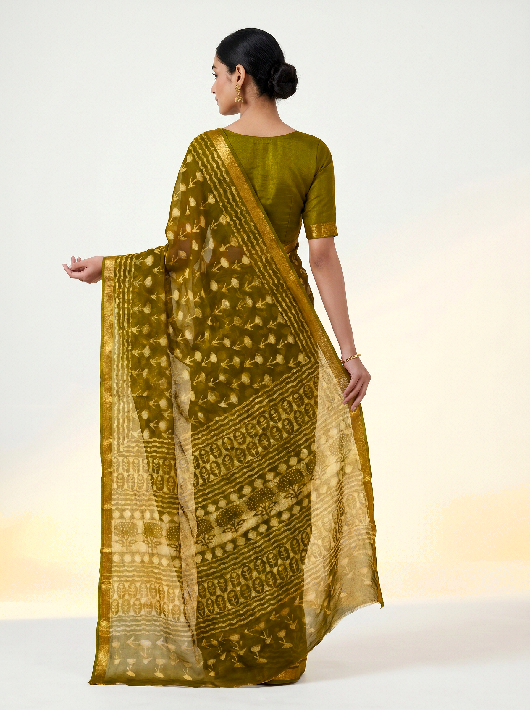 Pure Double Diamond Chiffon Saree | Golden + Ochre Bagru Handblock Ajrakh Golden Zari | Natural Dye | Nazakat image 3