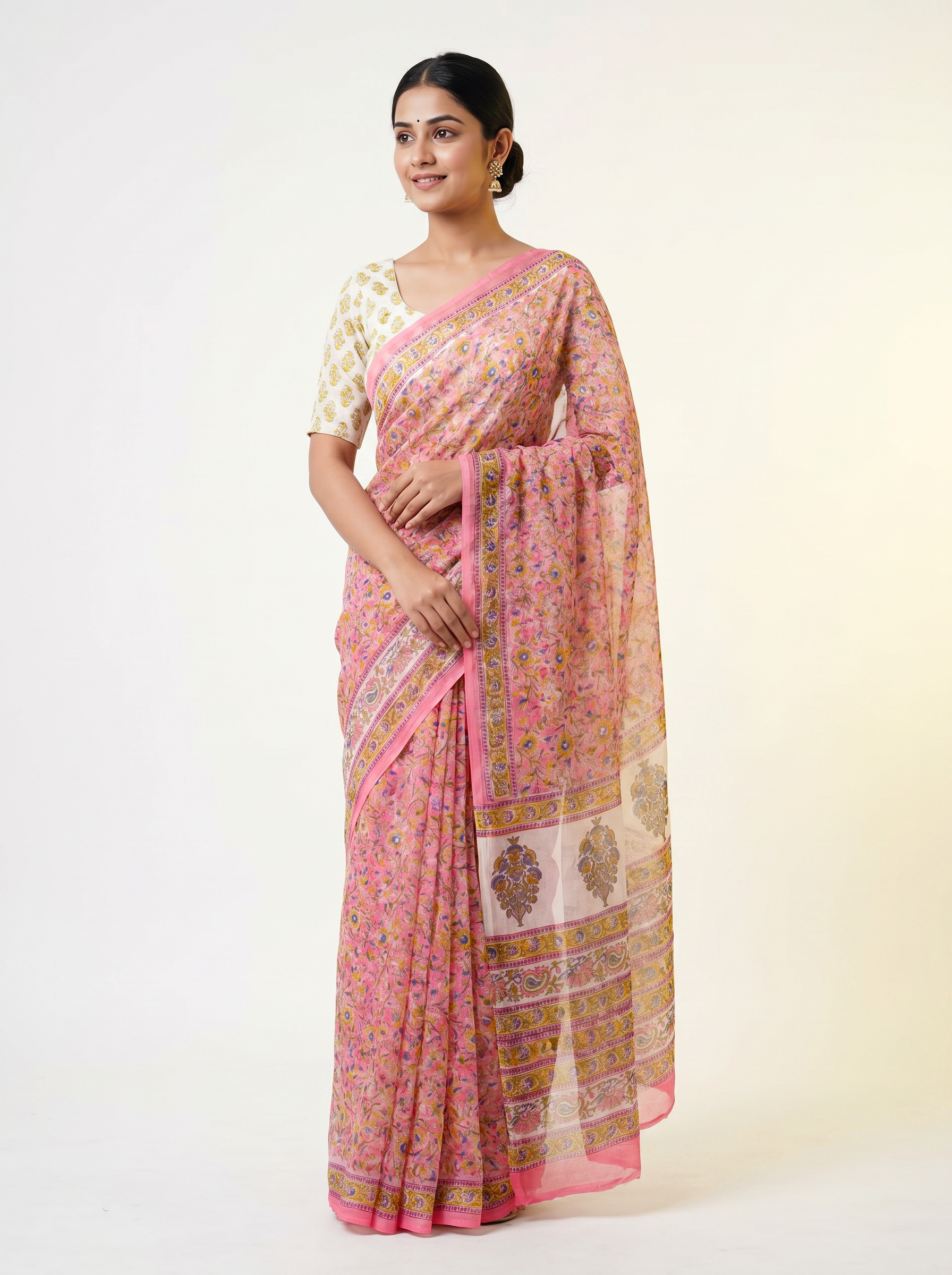 Dusty Pink + Off White + Ochre + Beige pure double diamond chiffon saree with Bagru Ajrakh print