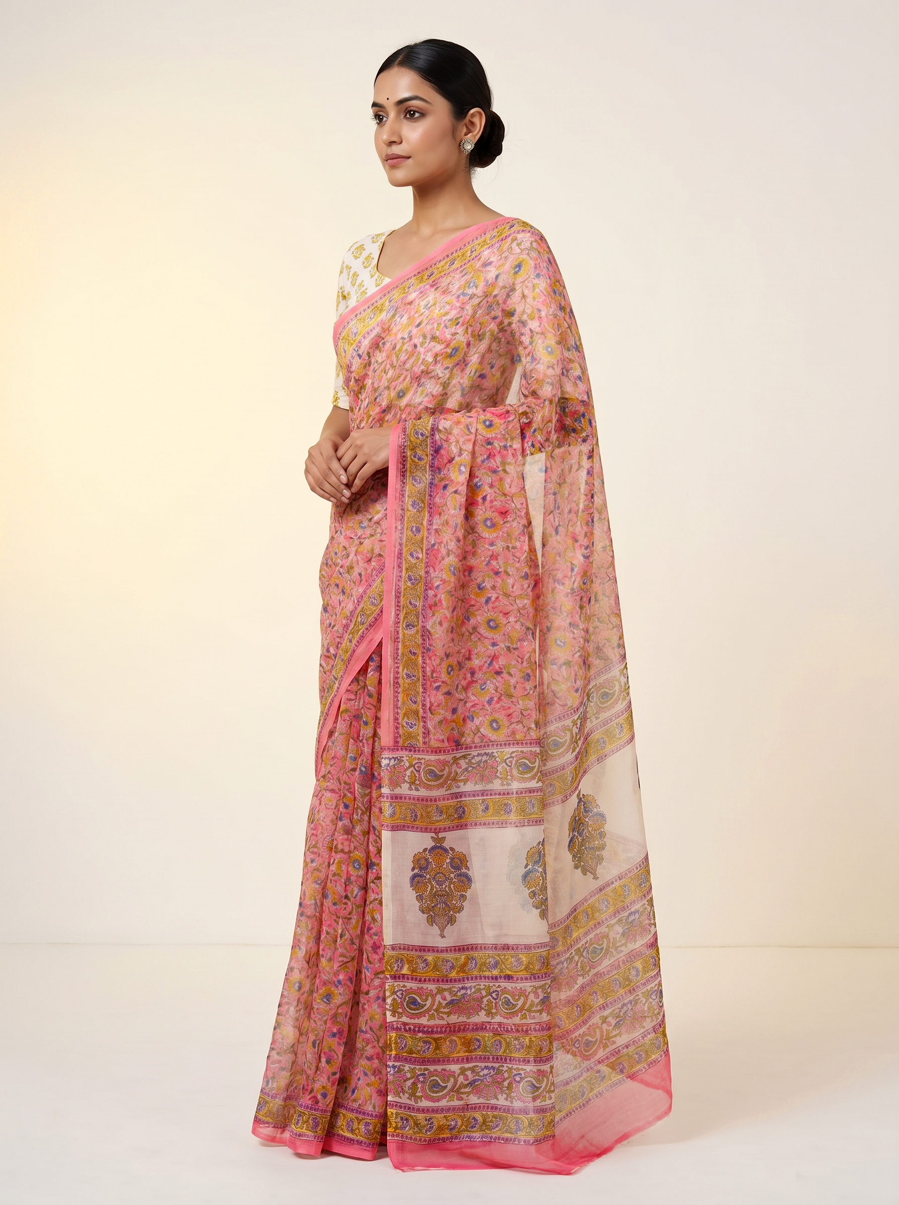 Pure Double Diamond Chiffon Saree | Dusty Pink + Off White + Ochre + Beige Bagru Handblock Ajrakh Print | Natural Dye | Nazakat image 2