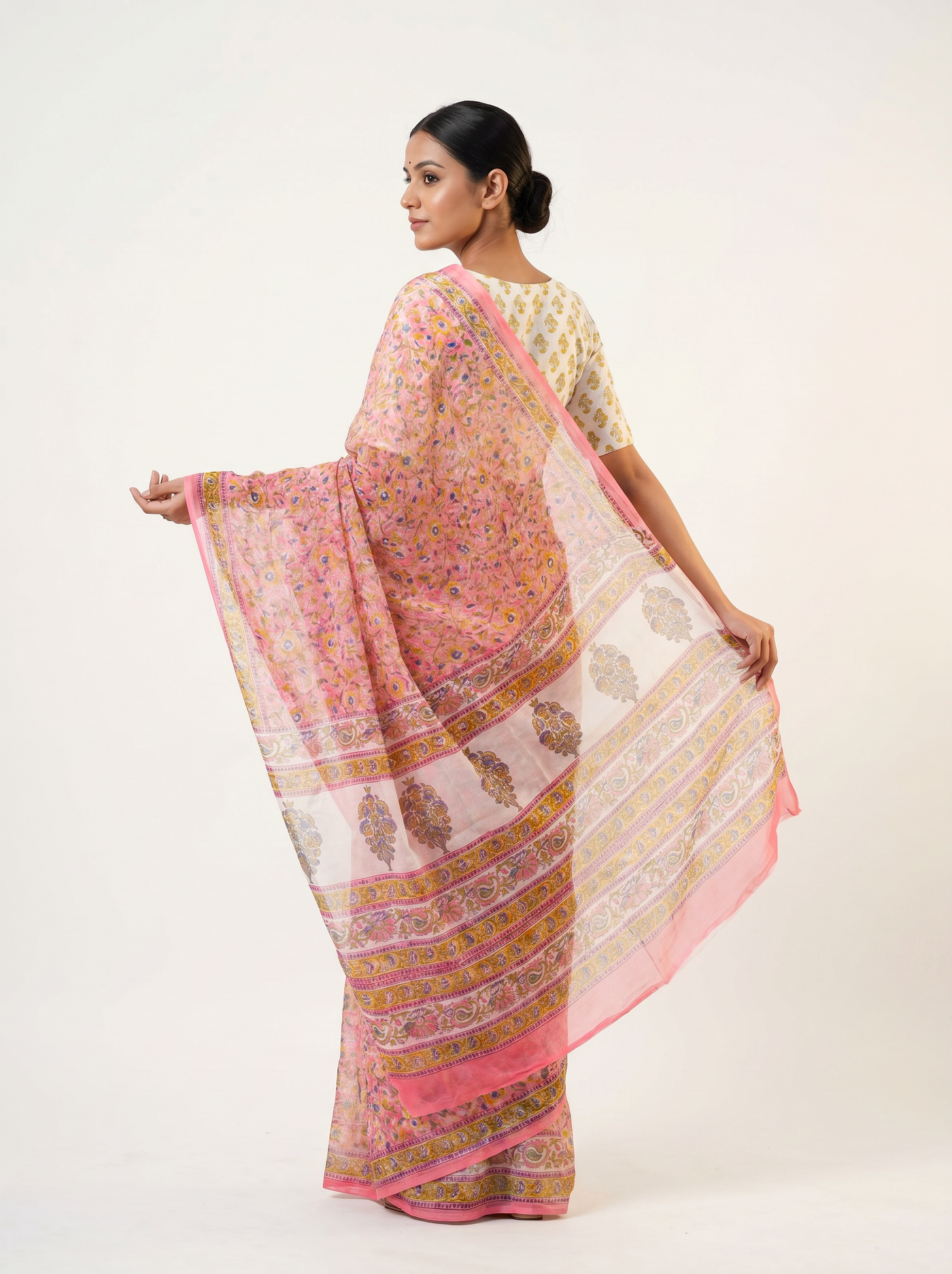 Pure Double Diamond Chiffon Saree | Dusty Pink + Off White + Ochre + Beige Bagru Handblock Ajrakh Print | Natural Dye | Nazakat image 4
