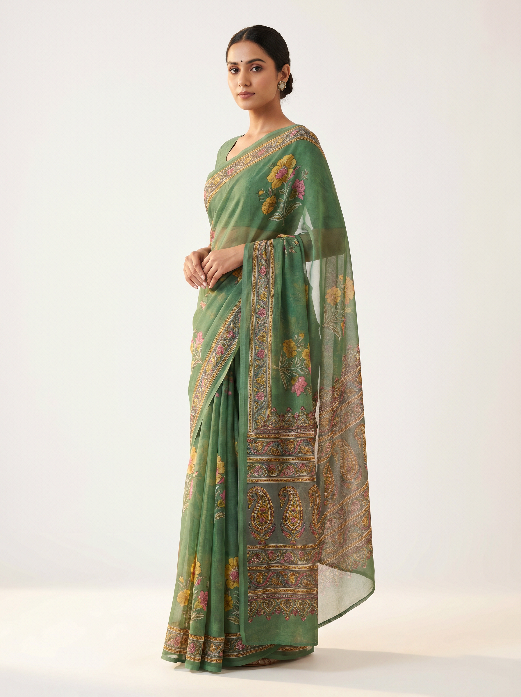 Ochre + Grey pure double diamond chiffon saree with Bagru Ajrakh print
