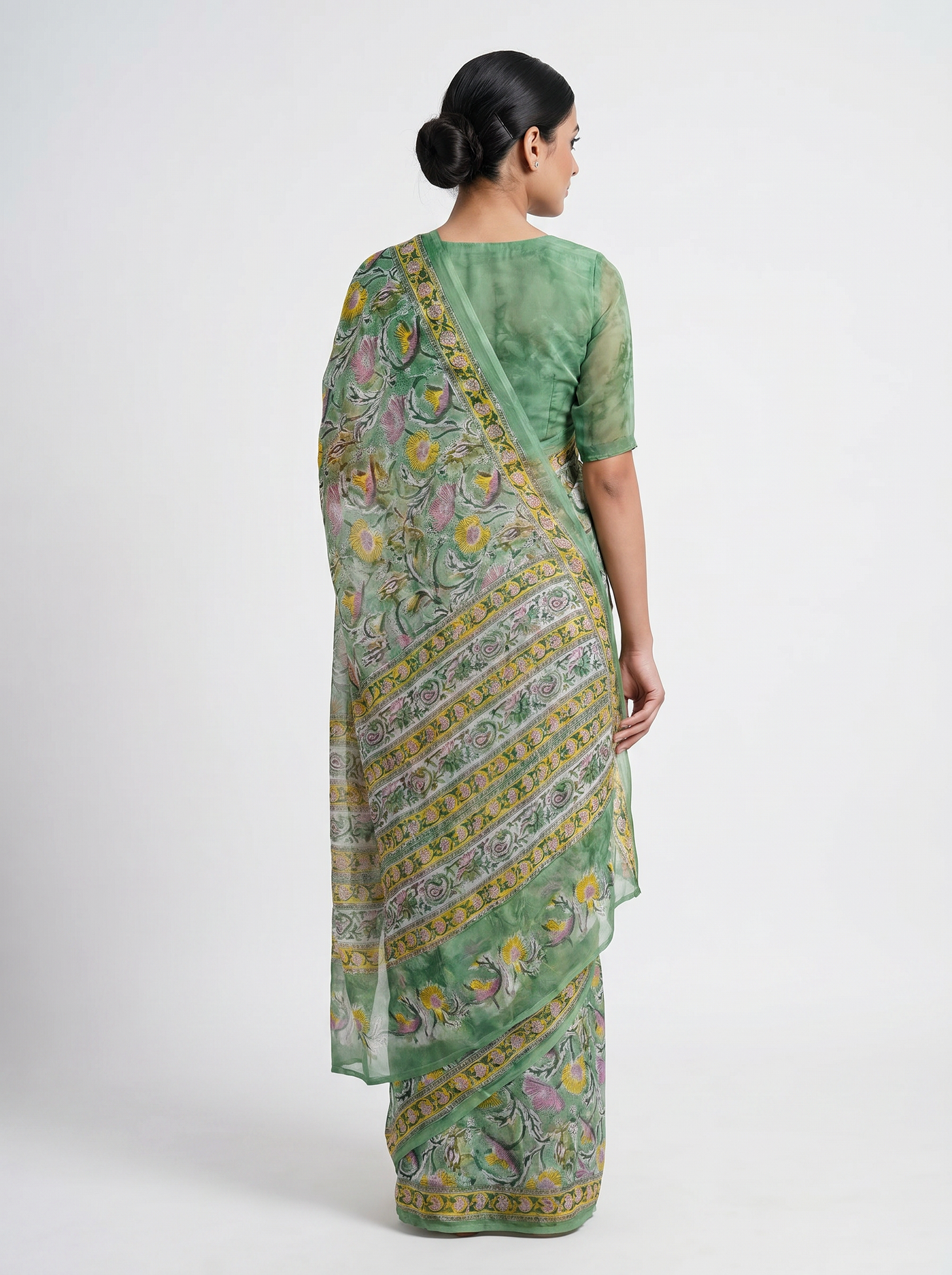 Pure Double Diamond Chiffon Saree | Ochre + Grey Bagru Handblock Ajrakh Print | Natural Dye | Nazakat image 3