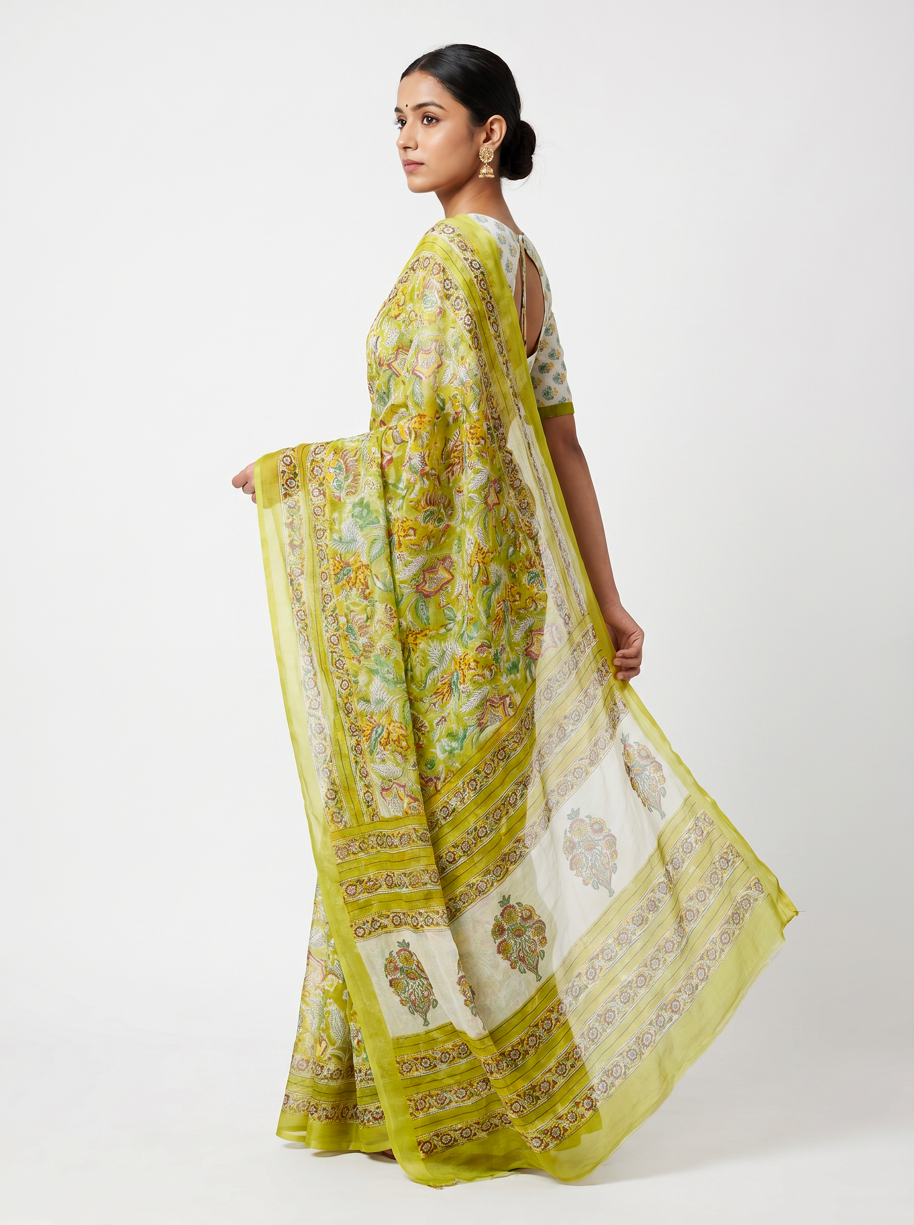 Pure Double Diamond Chiffon Saree | Off White + Ochre Bagru Handblock Ajrakh Print | Natural Dye | Nazakat image 2