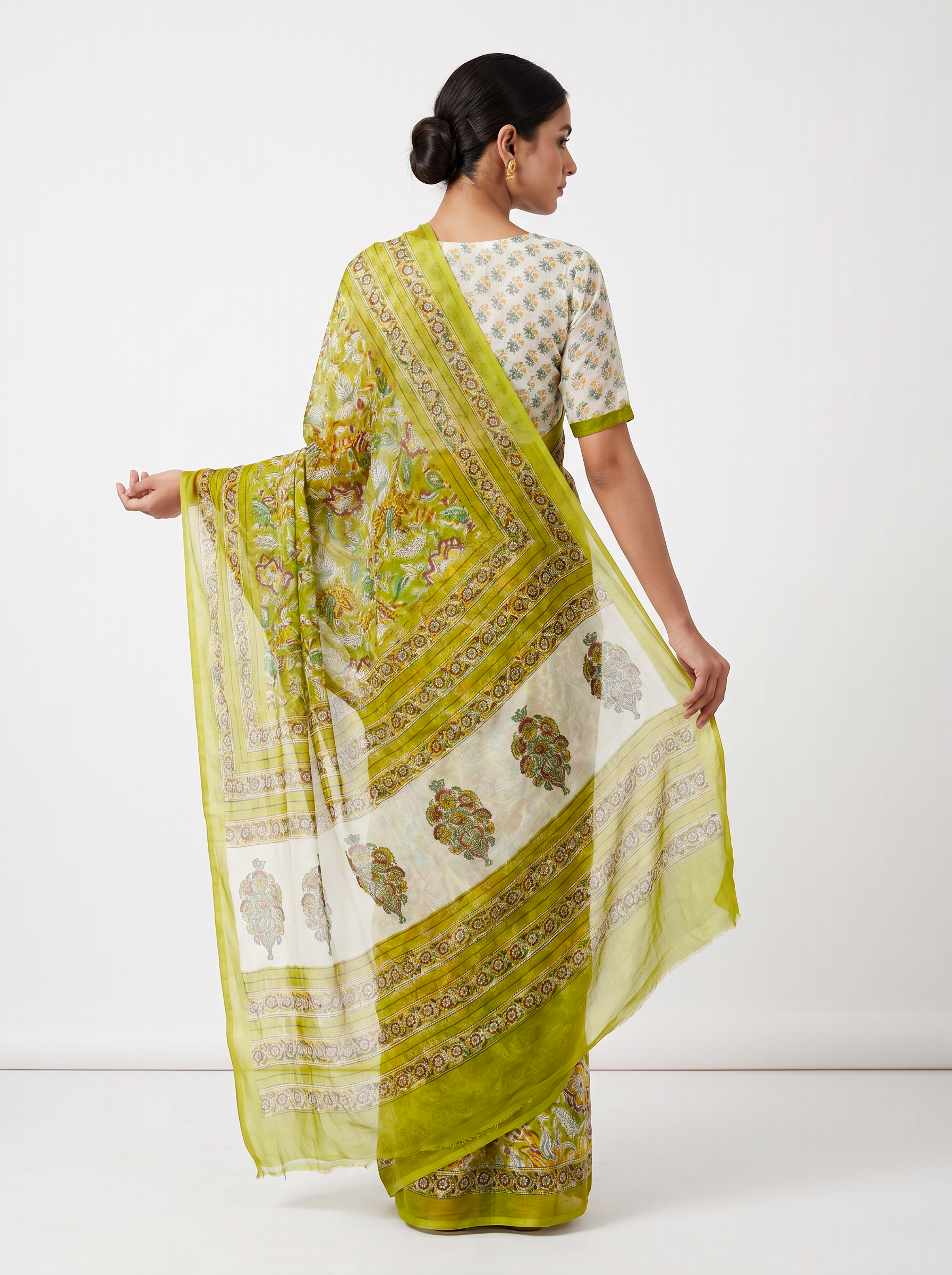 Pure Double Diamond Chiffon Saree | Off White + Ochre Bagru Handblock Ajrakh Print | Natural Dye | Nazakat image 3