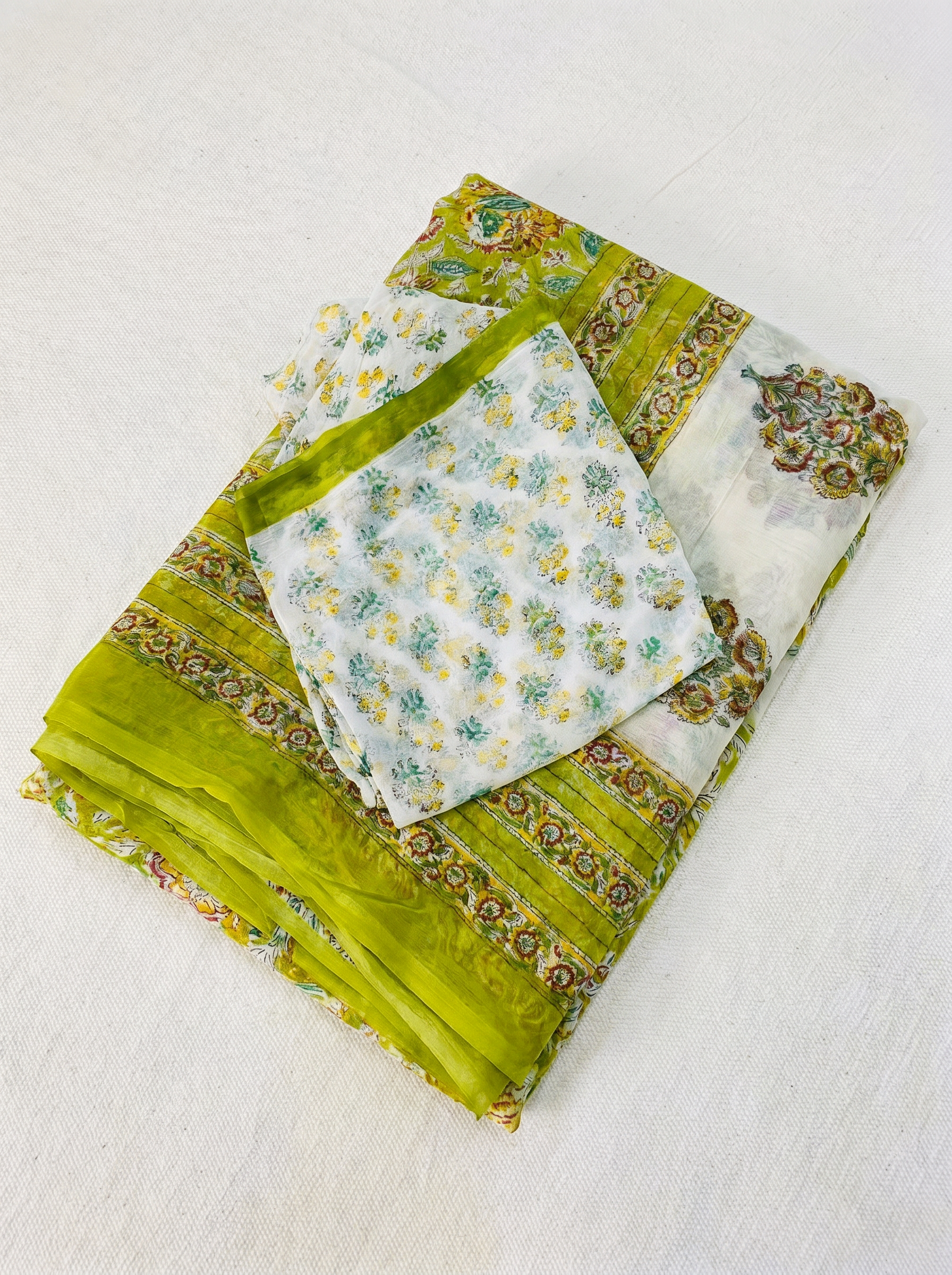 Pure Double Diamond Chiffon Saree | Off White + Ochre Bagru Handblock Ajrakh Print | Natural Dye | Nazakat image 5