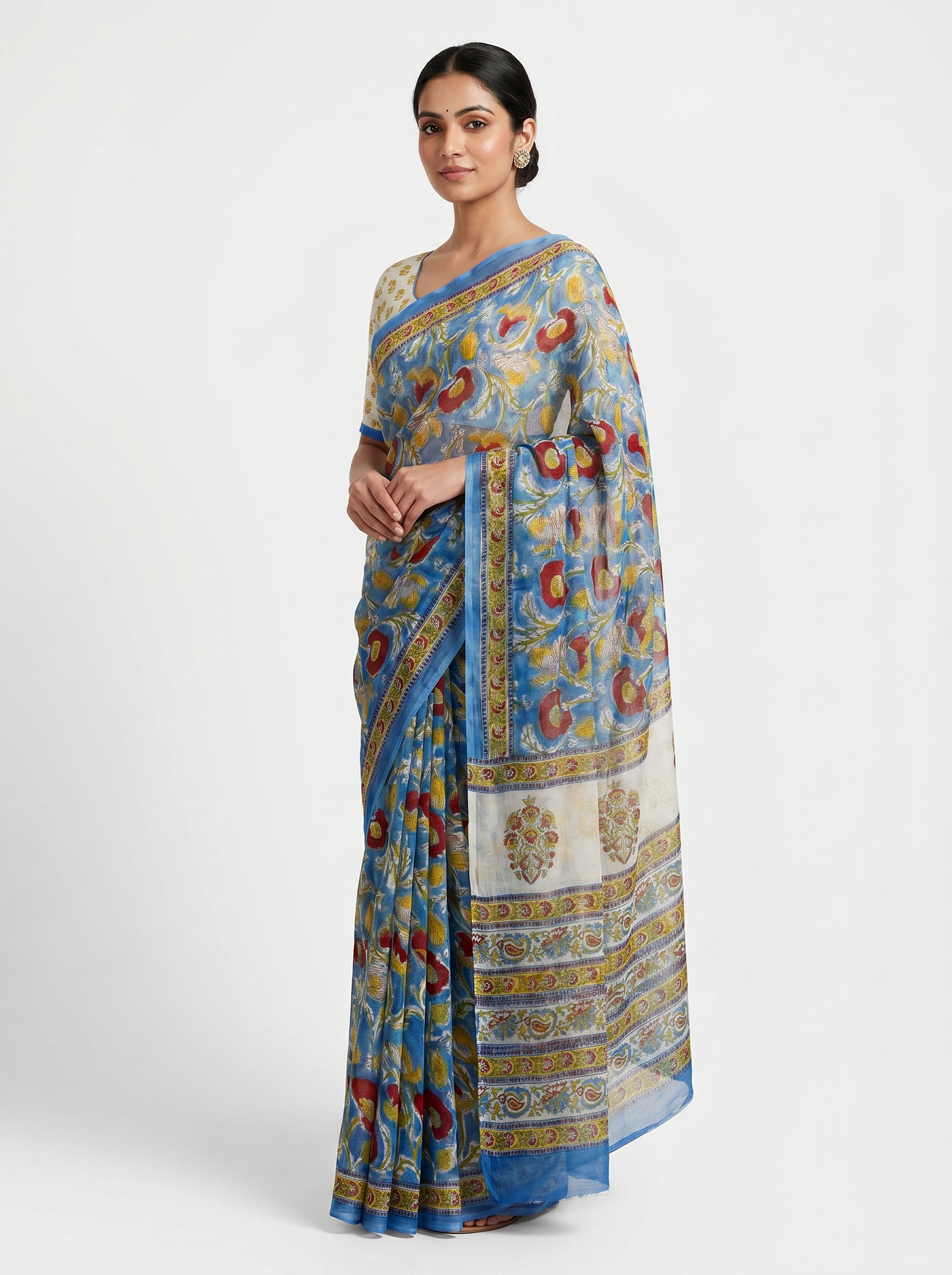 Teal Blue + Ochre pure double diamond chiffon saree with Bagru Ajrakh print