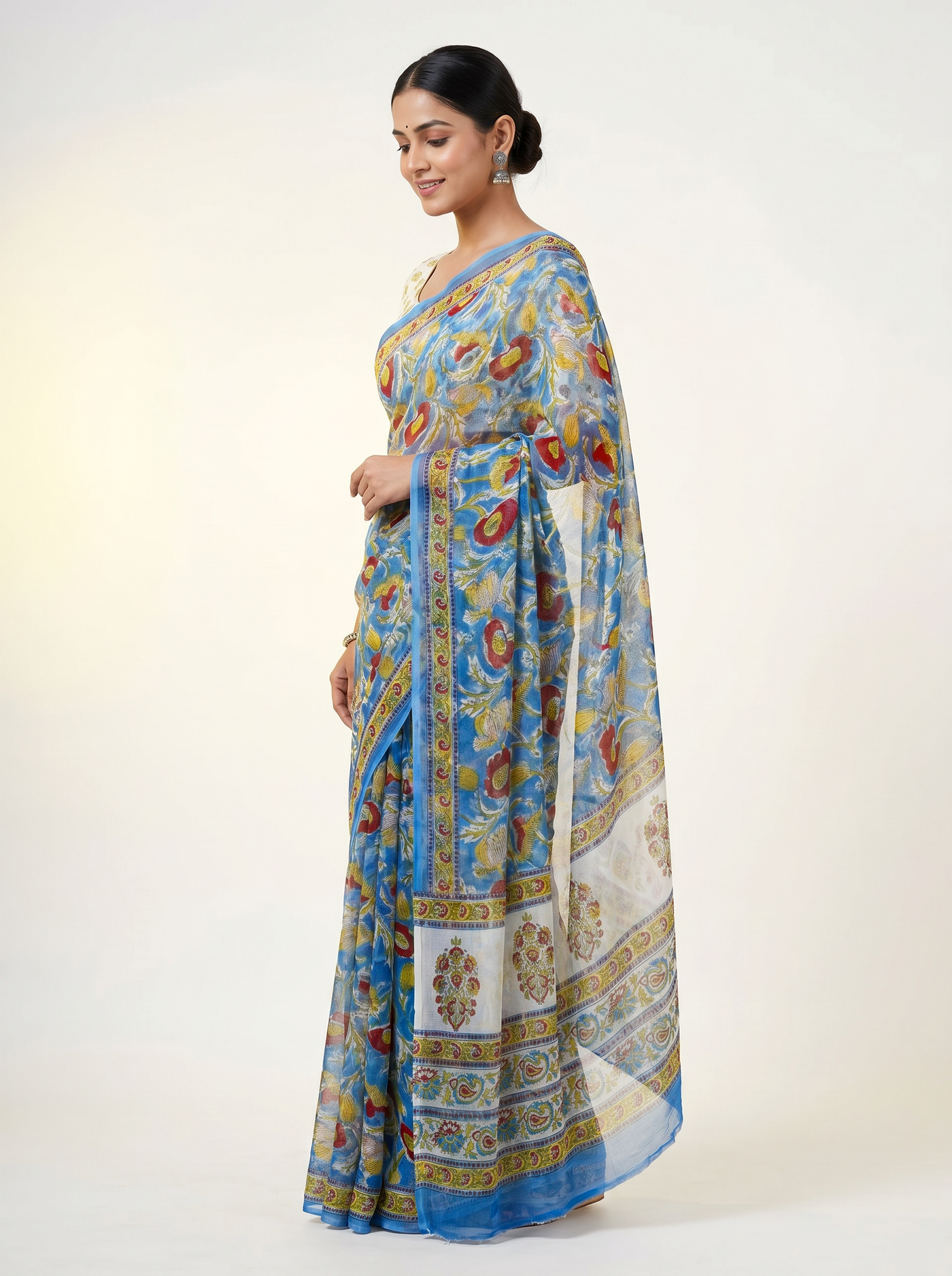 Pure Double Diamond Chiffon Saree | Teal Blue + Ochre Bagru Handblock Ajrakh Print | Natural Dye | Nazakat image 2