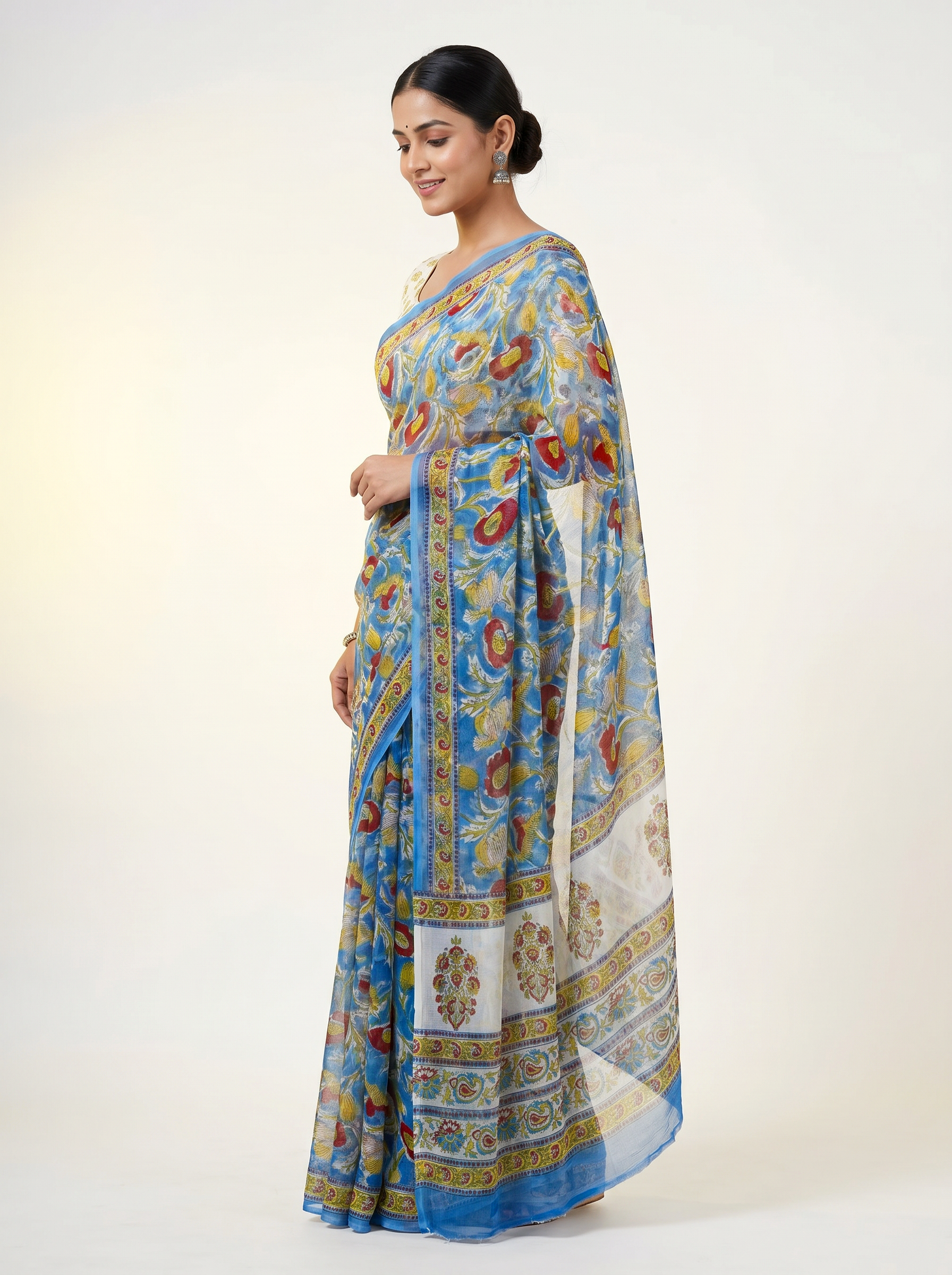 Pure Double Diamond Chiffon Saree | Teal Blue + Ochre Bagru Handblock Ajrakh Print | Natural Dye | Nazakat image 2