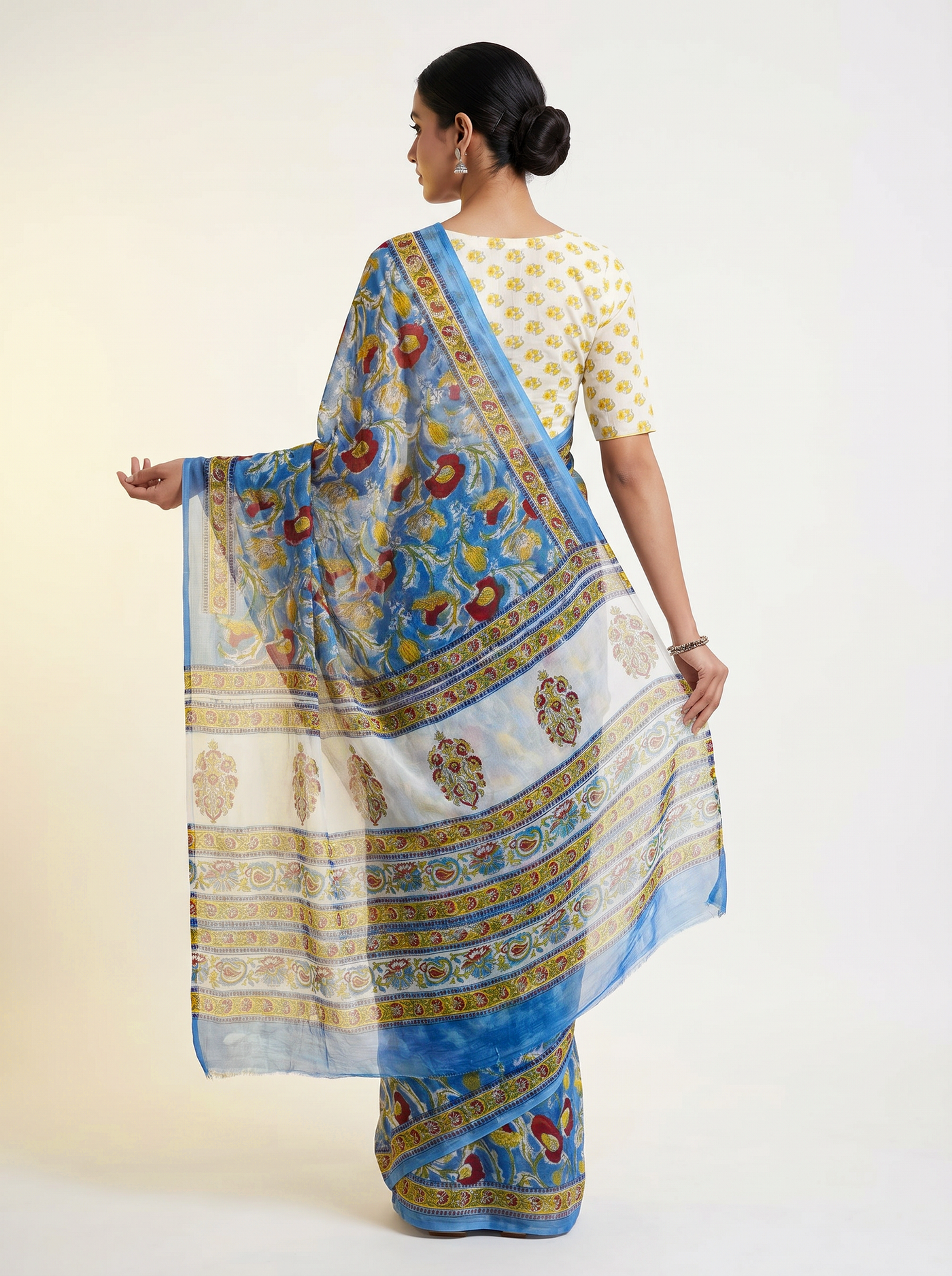 Pure Double Diamond Chiffon Saree | Teal Blue + Ochre Bagru Handblock Ajrakh Print | Natural Dye | Nazakat image 3