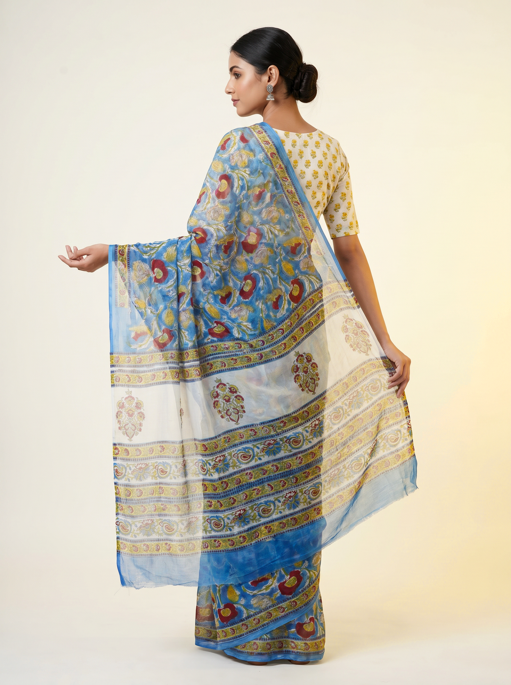 Pure Double Diamond Chiffon Saree | Teal Blue + Ochre Bagru Handblock Ajrakh Print | Natural Dye | Nazakat image 4