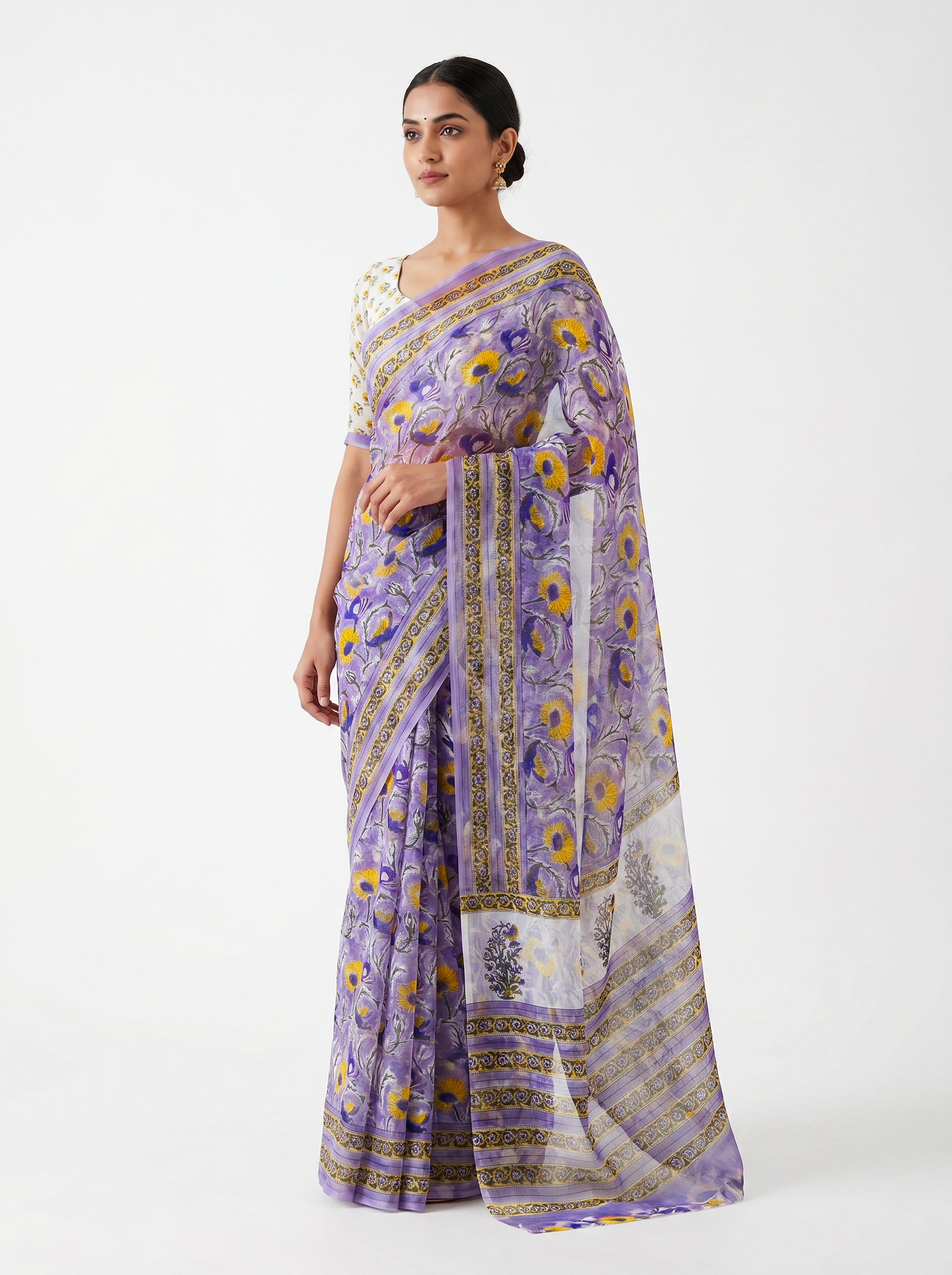 Off White + Teal Blue + Ochre pure double diamond chiffon saree with Bagru Ajrakh print