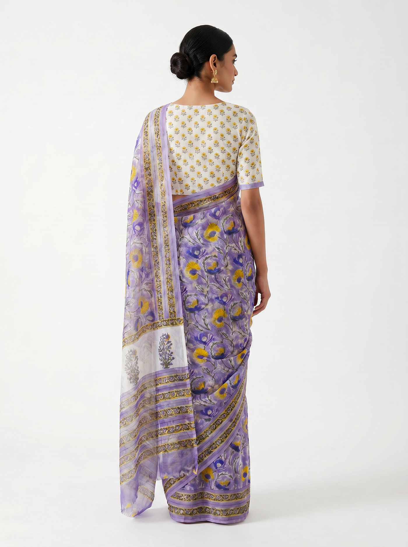 Pure Double Diamond Chiffon Saree | Off White + Teal Blue + Ochre Bagru Handblock Ajrakh Print | Natural Dye | Nazakat image 3