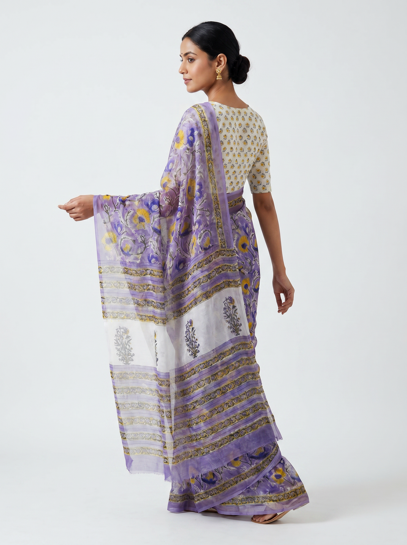 Pure Double Diamond Chiffon Saree | Off White + Teal Blue + Ochre Bagru Handblock Ajrakh Print | Natural Dye | Nazakat image 4