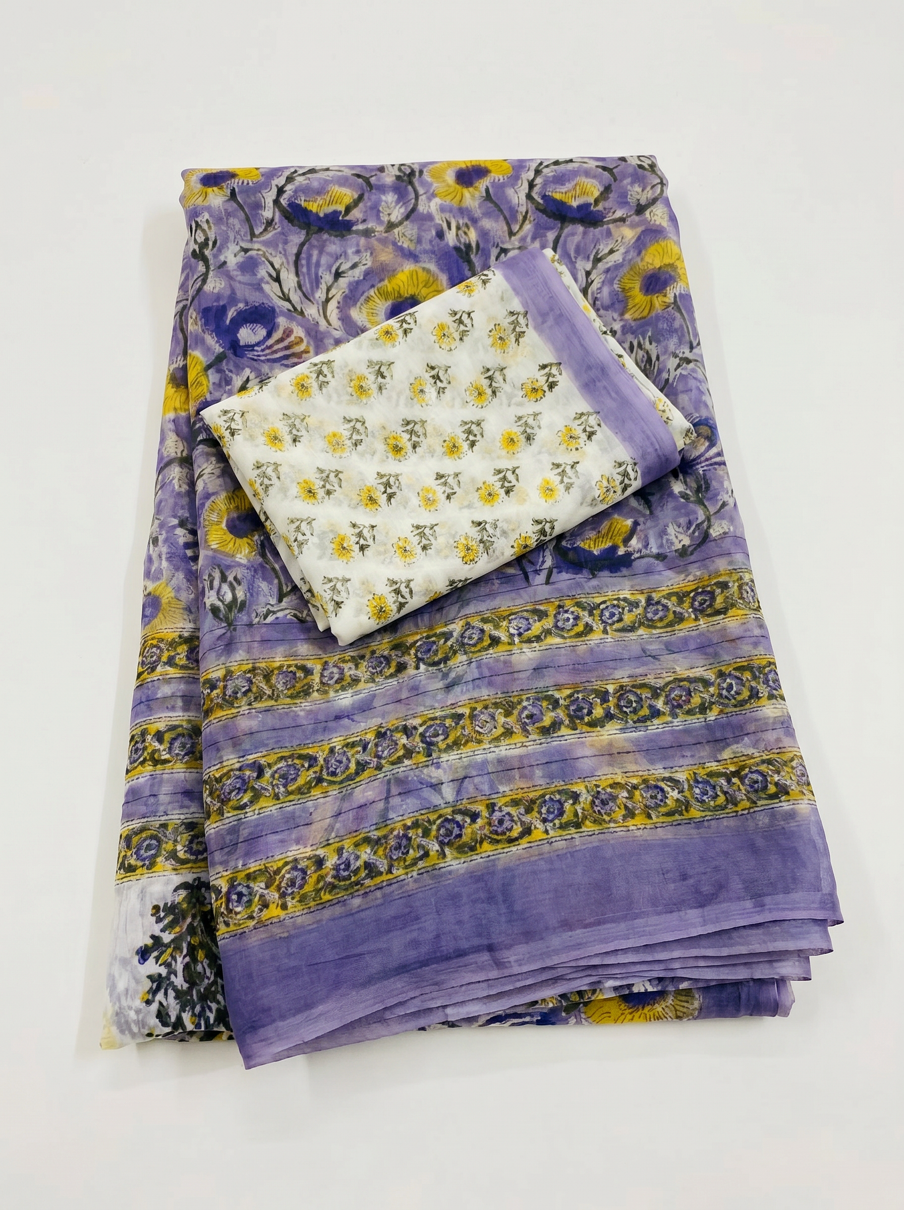 Pure Double Diamond Chiffon Saree | Off White + Teal Blue + Ochre Bagru Handblock Ajrakh Print | Natural Dye | Nazakat image 5
